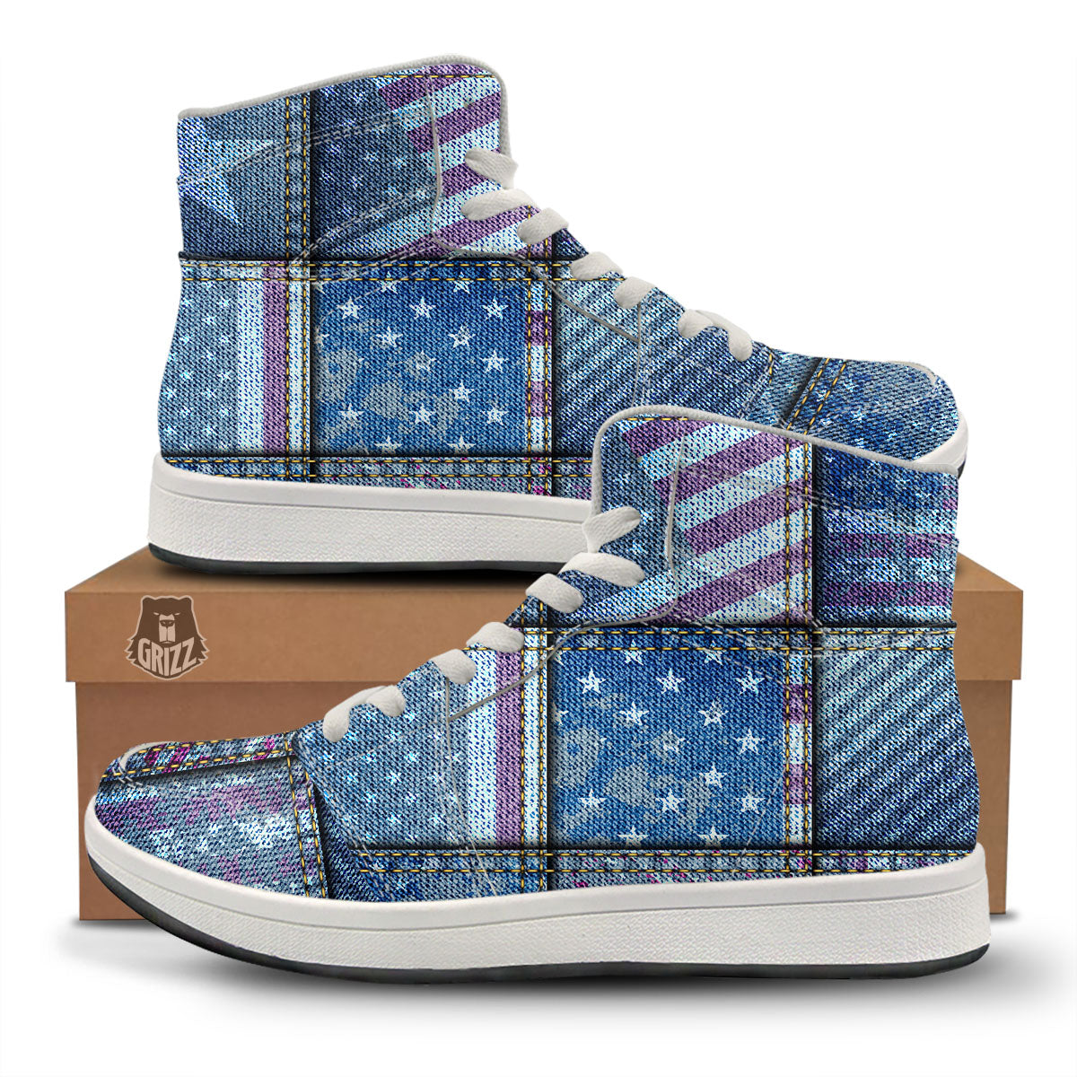 USA Denim Patchwork 4th of July Print High Top Sneakers-grizzshop