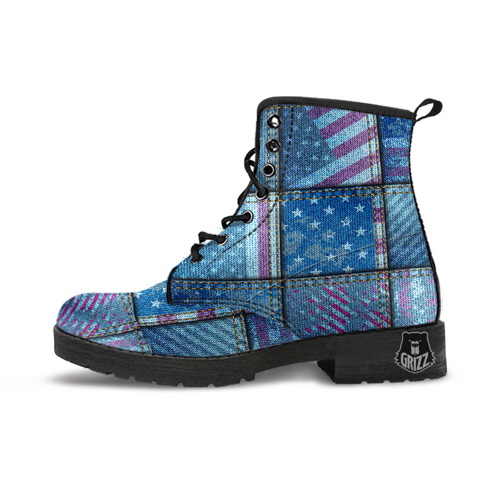 USA Denim Patchwork 4th of July Print Leather Boots-grizzshop