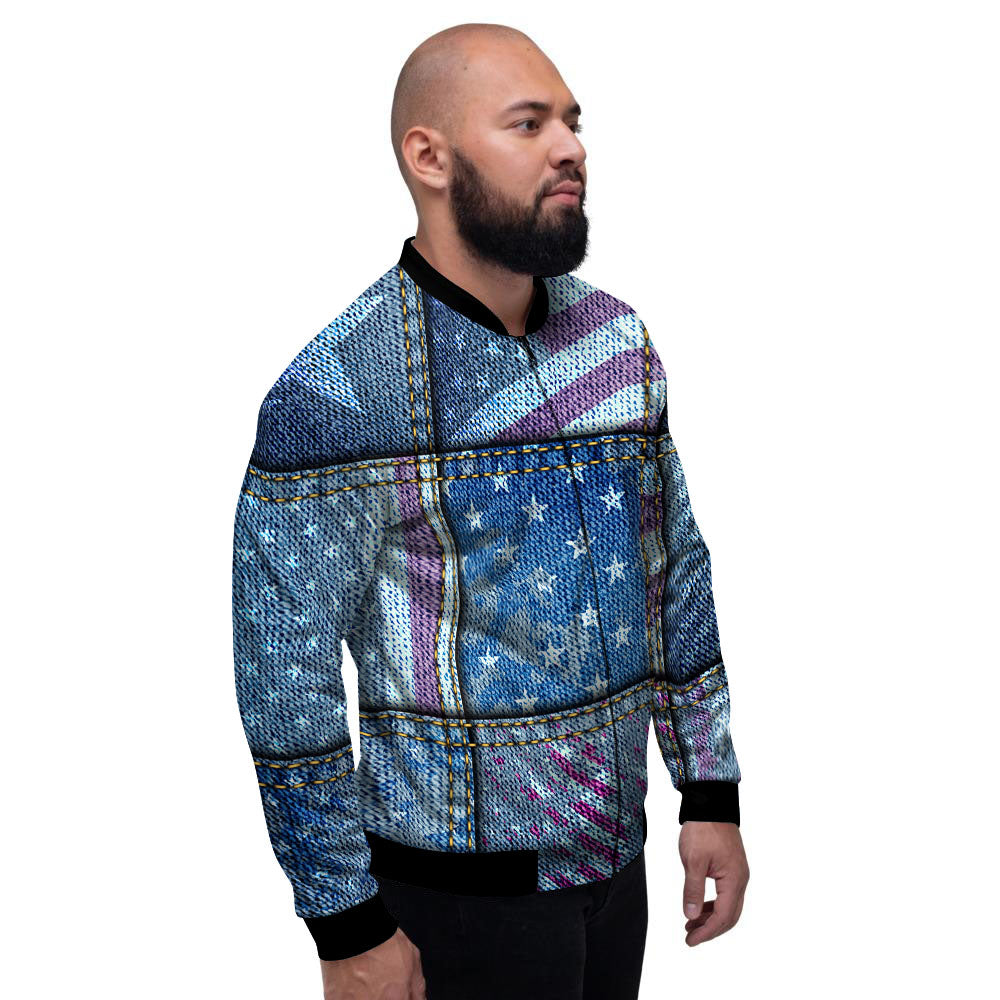 USA Denim Patchwork 4th of July Print Men's Bomber Jacket-grizzshop