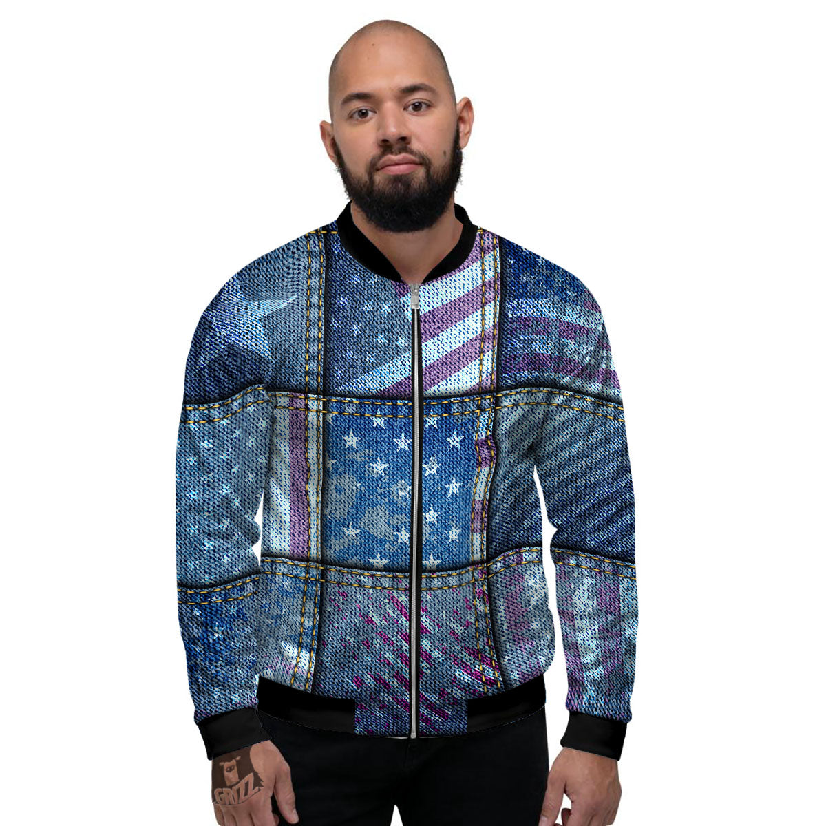 USA Denim Patchwork 4th of July Print Men's Bomber Jacket-grizzshop