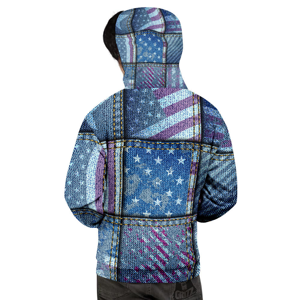 USA Denim Patchwork 4th of July Print Men's Hoodie-grizzshop