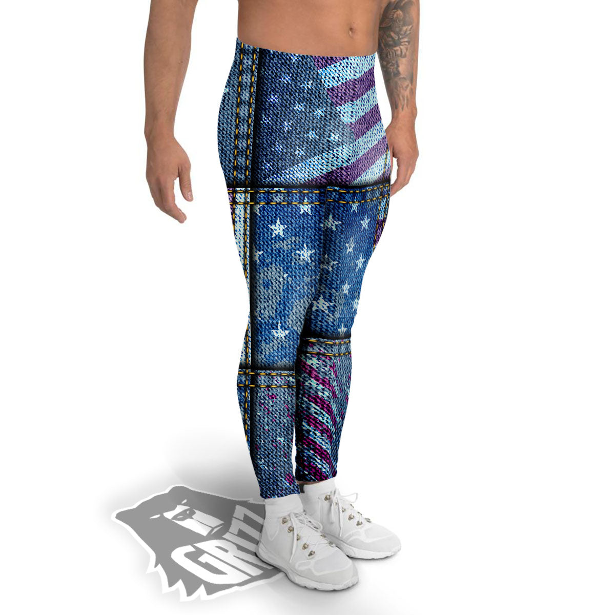 USA Denim Patchwork 4th of July Print Men's Leggings-grizzshop