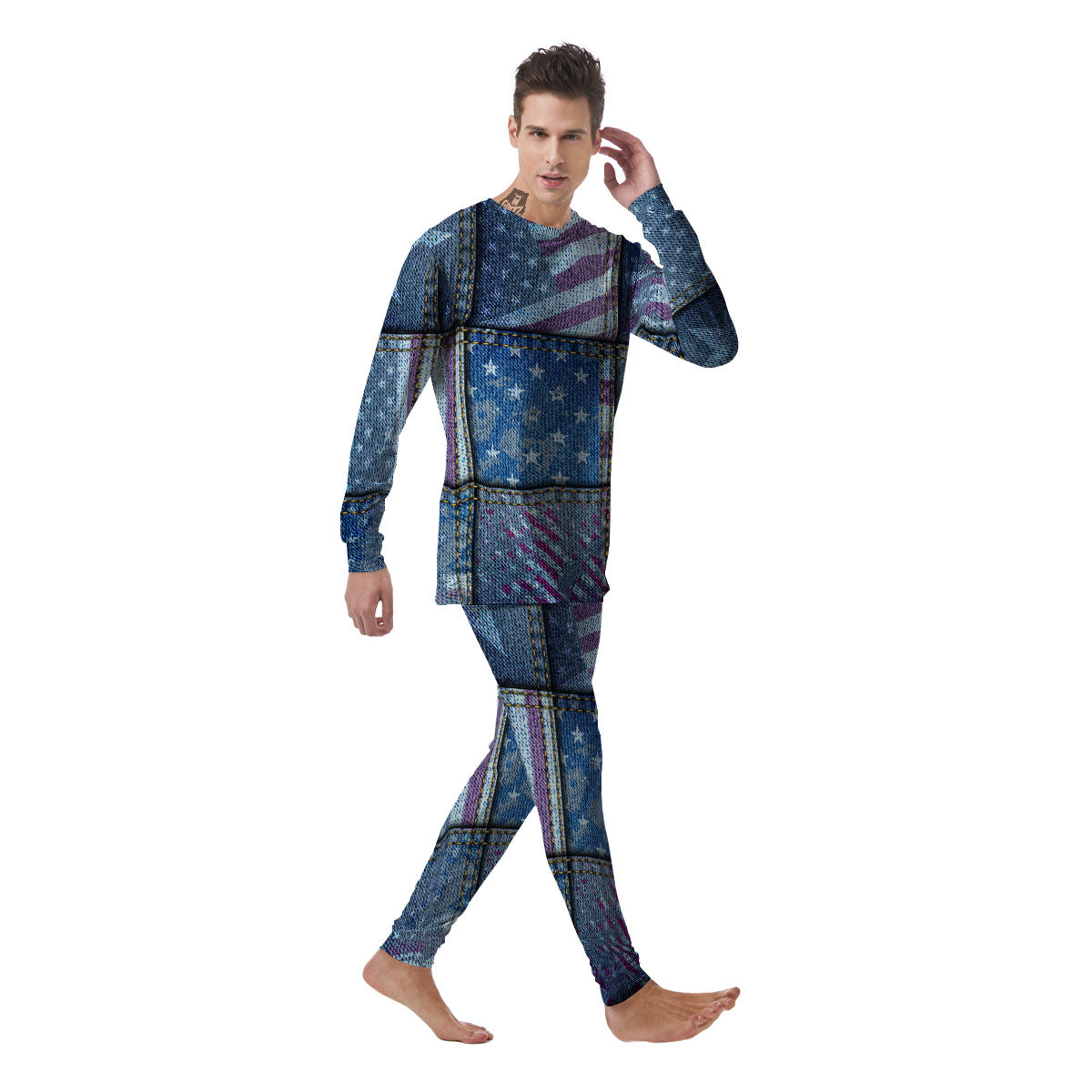 USA Denim Patchwork 4th of July Print Men's Pajamas-grizzshop