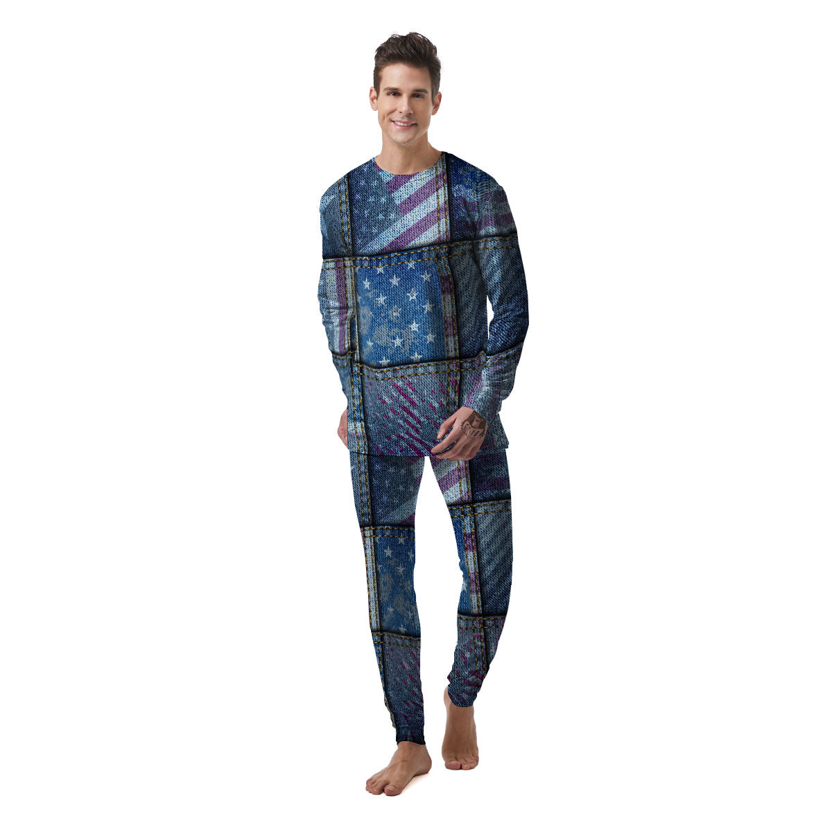 USA Denim Patchwork 4th of July Print Men's Pajamas-grizzshop