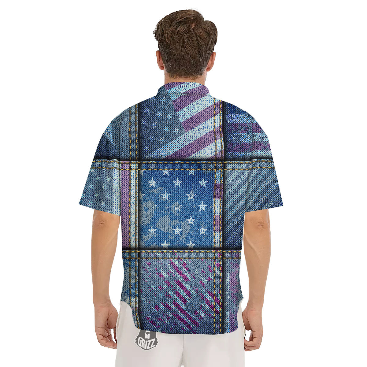 USA Denim Patchwork 4th of July Print Men's Short Sleeve Shirts-grizzshop