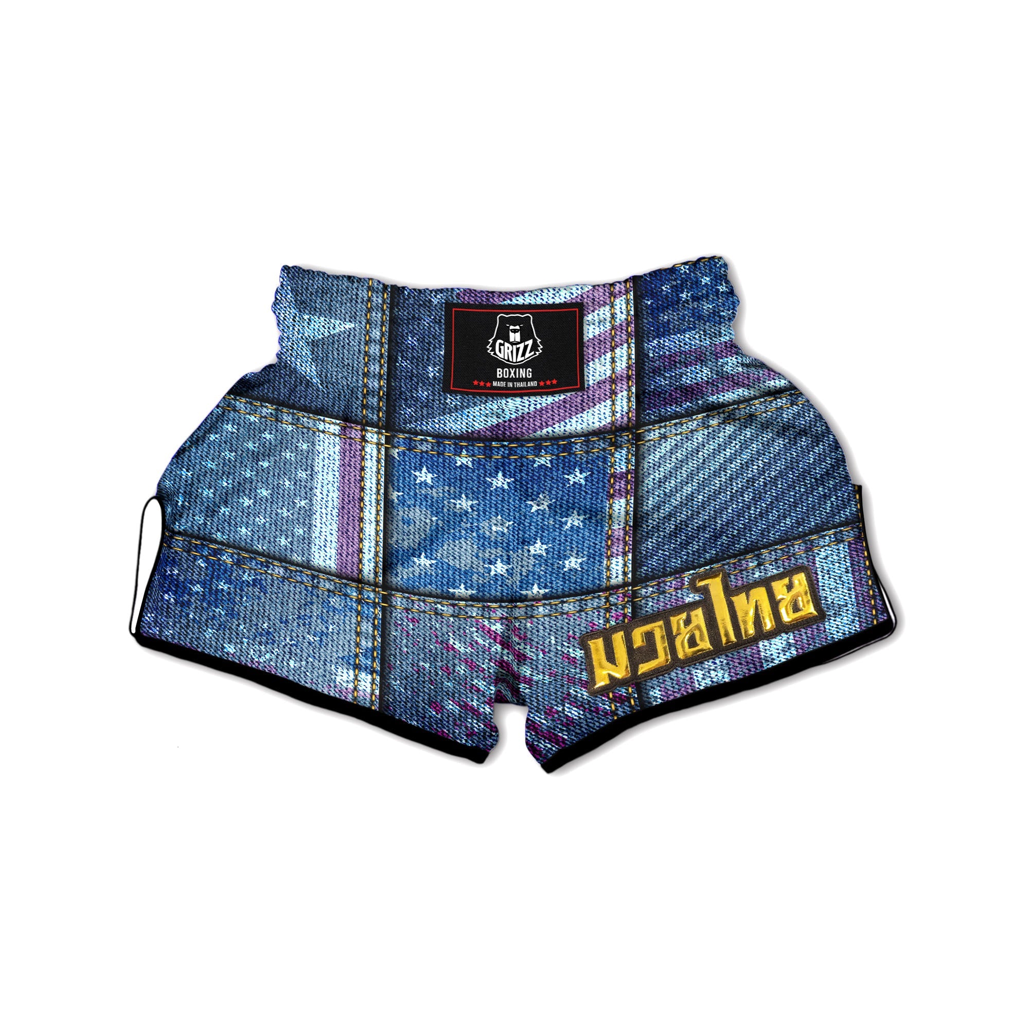 USA Denim Patchwork 4th of July Print Muay Thai Boxing Shorts-grizzshop