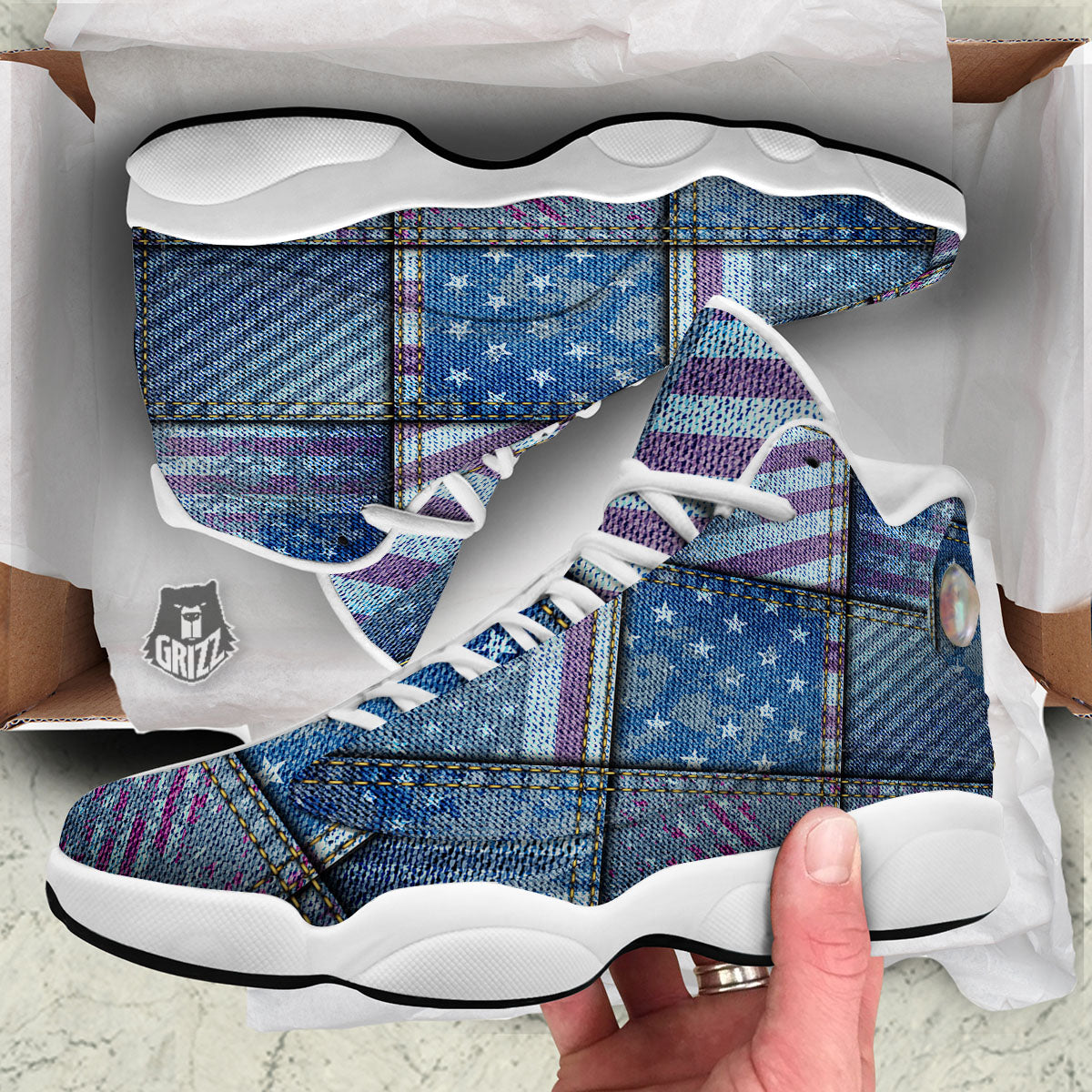 USA Denim Patchwork 4th of July Print White Basketball Shoes-grizzshop