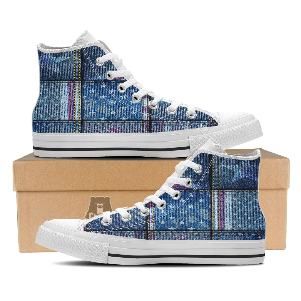 USA Denim Patchwork 4th of July Print White High Top Shoes-grizzshop