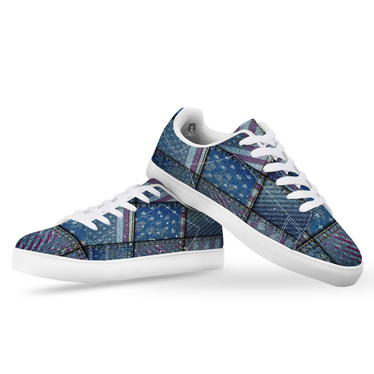 USA Denim Patchwork 4th of July Print White Low Top Sneakers-grizzshop