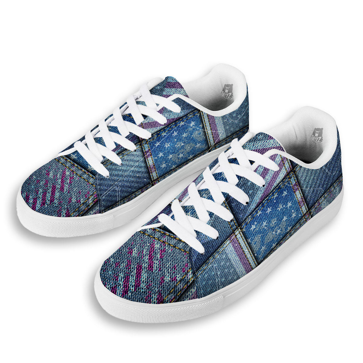 USA Denim Patchwork 4th of July Print White Low Top Sneakers-grizzshop