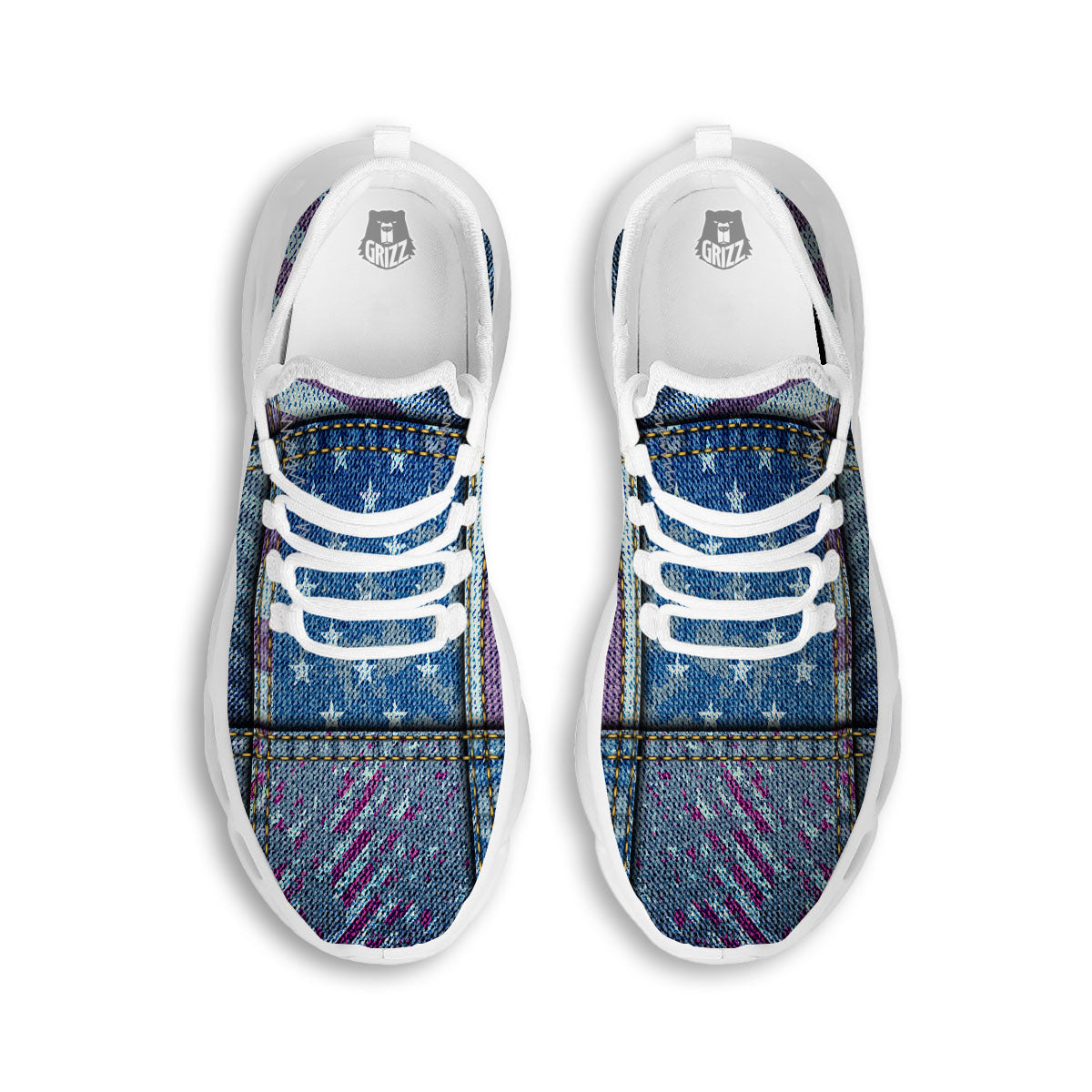 USA Denim Patchwork 4th of July Print White Running Shoes-grizzshop