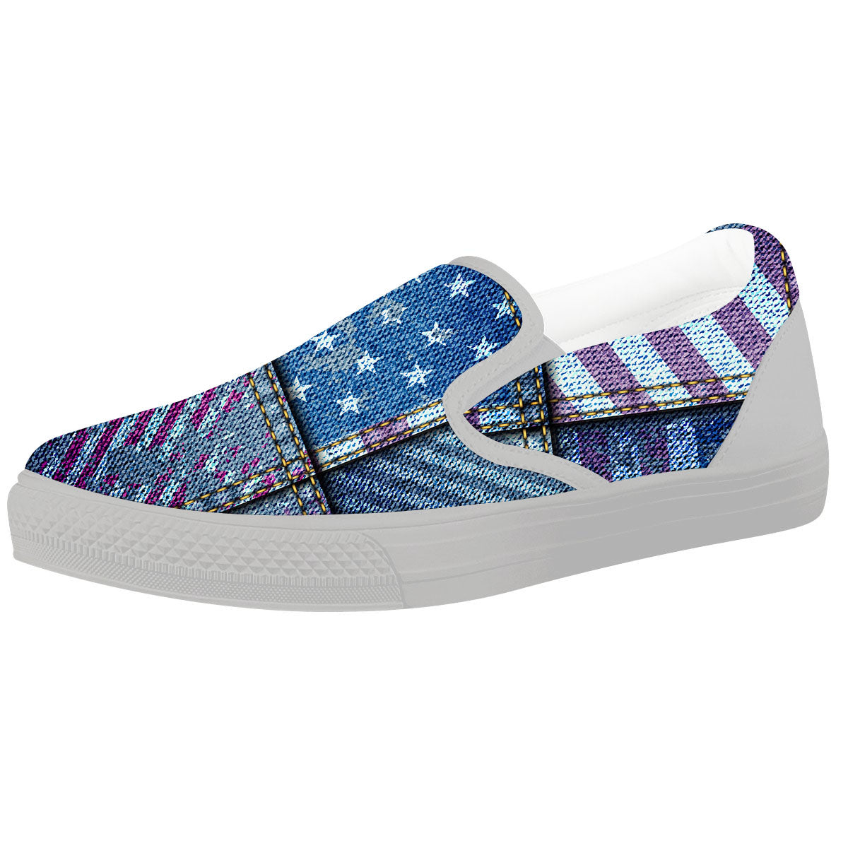 USA Denim Patchwork 4th of July Print White Slip On Shoes-grizzshop