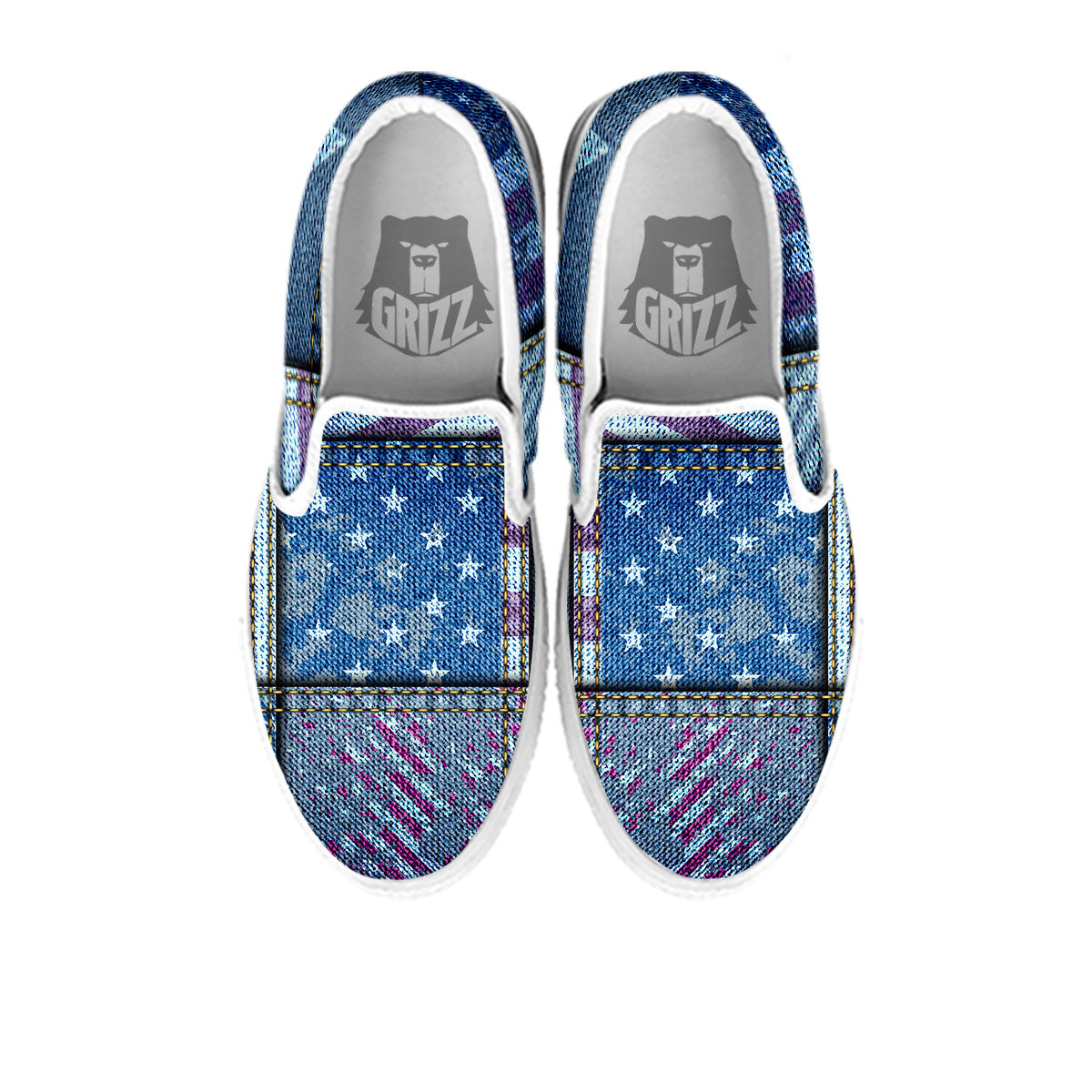 USA Denim Patchwork 4th of July Print White Slip On Shoes-grizzshop