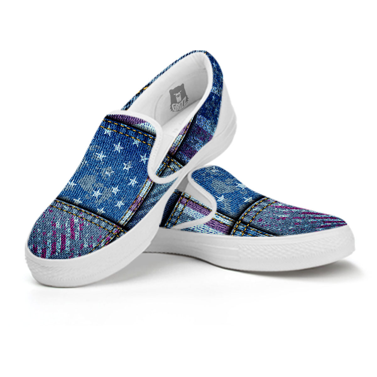 USA Denim Patchwork 4th of July Print White Slip On Shoes-grizzshop