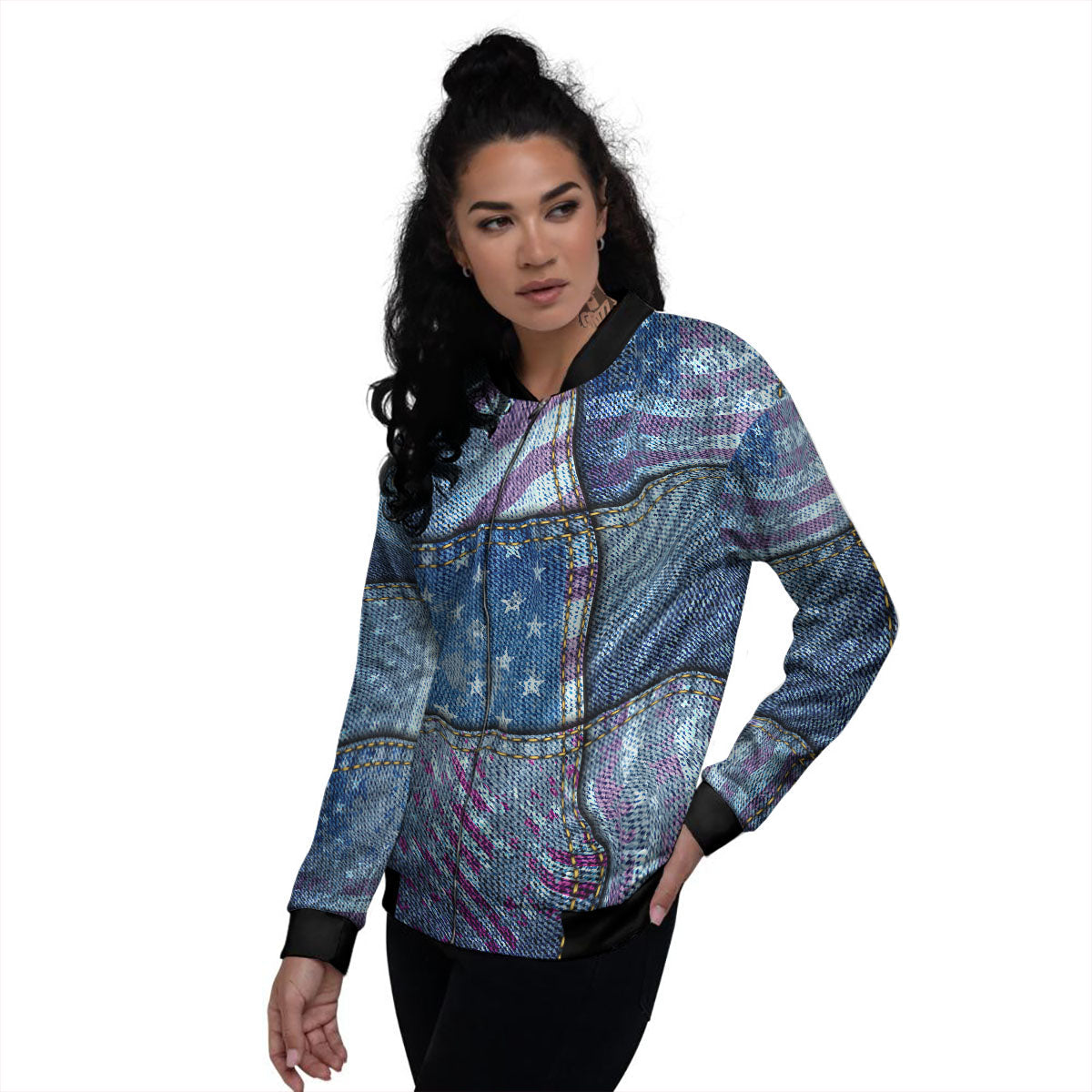 USA Denim Patchwork 4th of July Print Women's Bomber Jacket-grizzshop