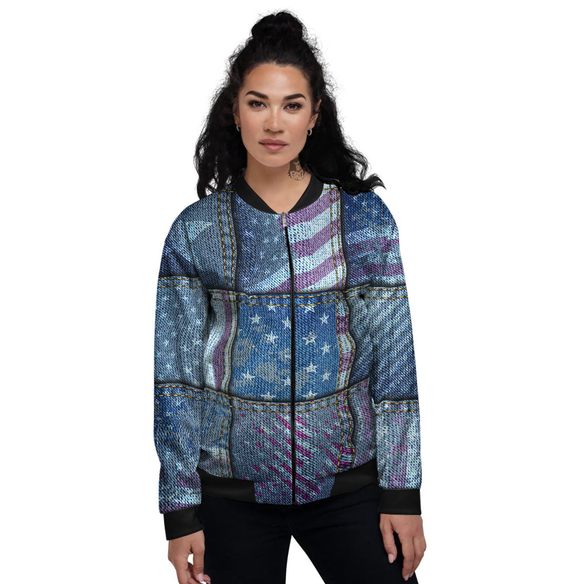 USA Denim Patchwork 4th of July Print Women's Bomber Jacket-grizzshop