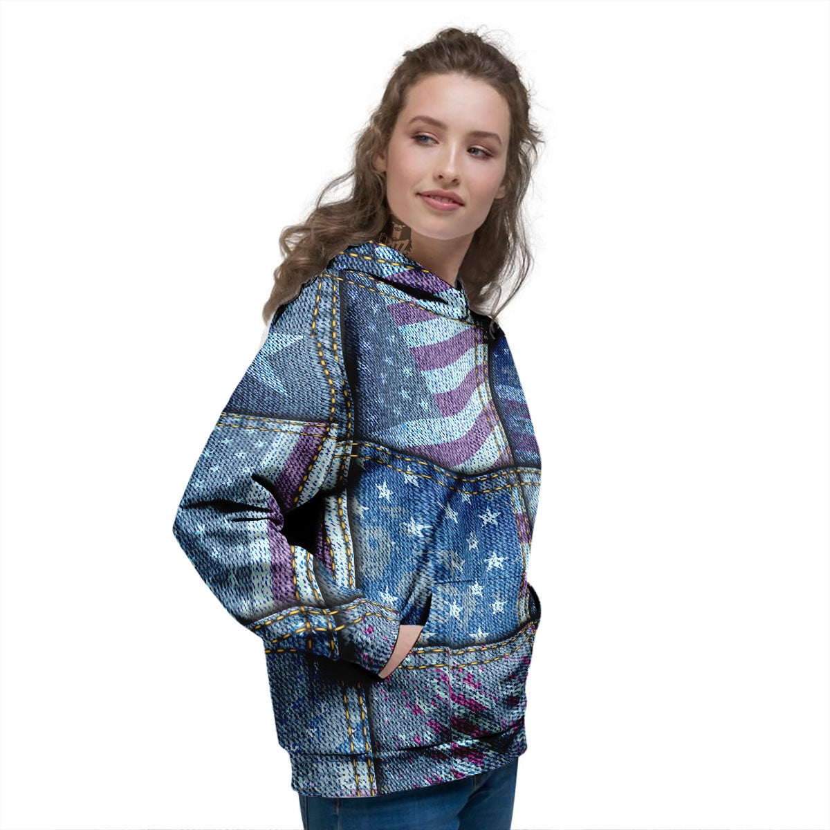 USA Denim Patchwork 4th of July Print Women's Hoodie-grizzshop