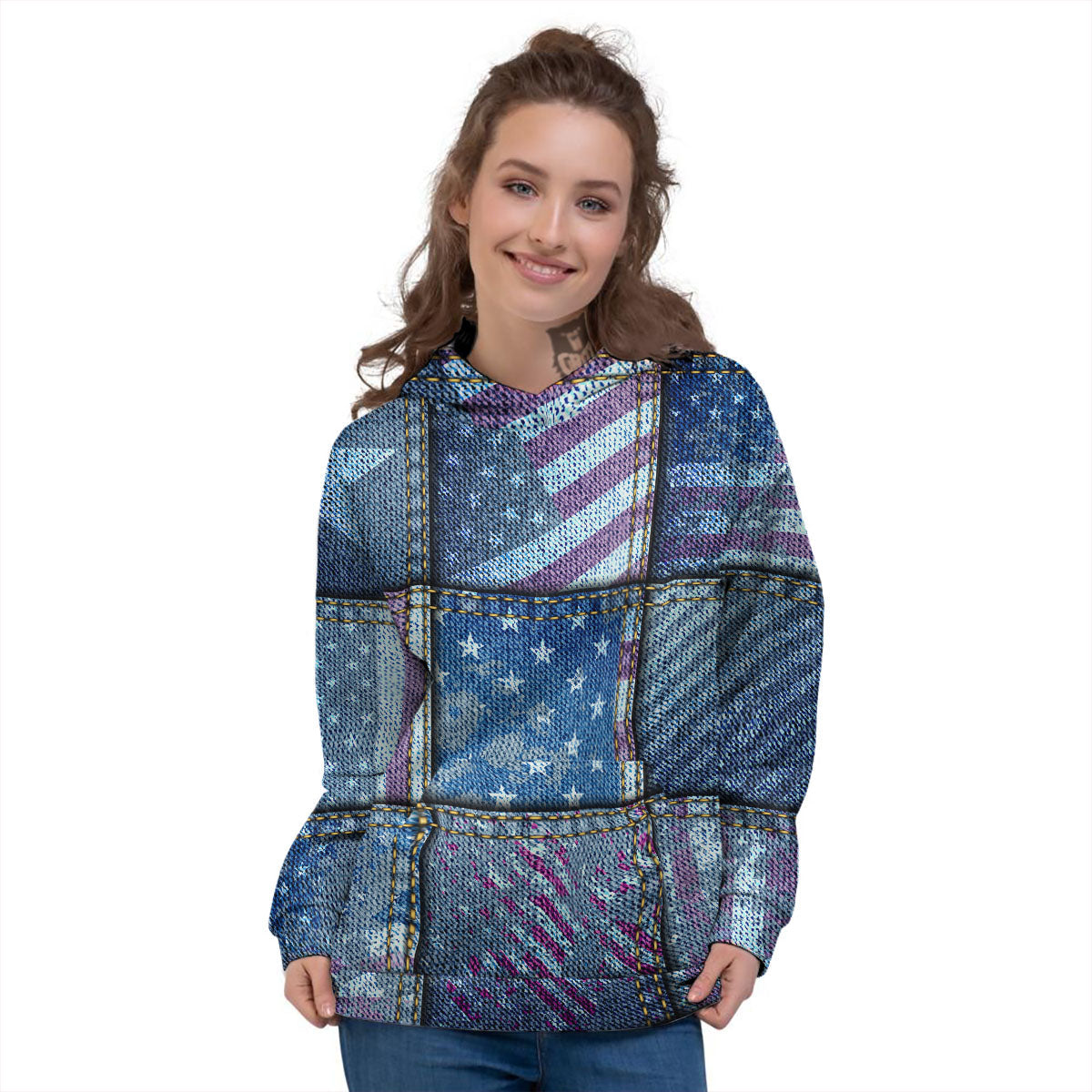 USA Denim Patchwork 4th of July Print Women's Hoodie-grizzshop