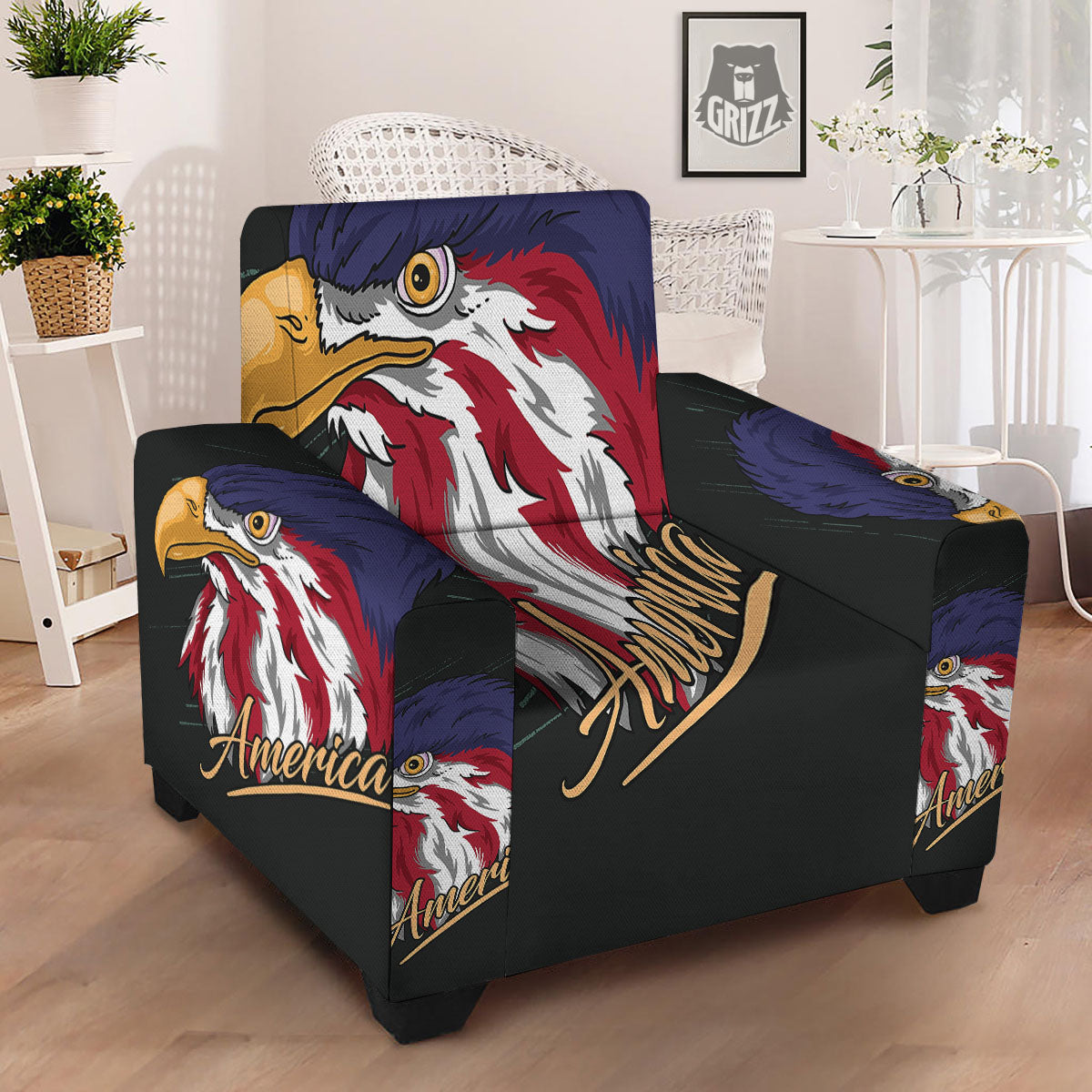 USA Eagle Patriotic Print Armchair Slipcover-grizzshop