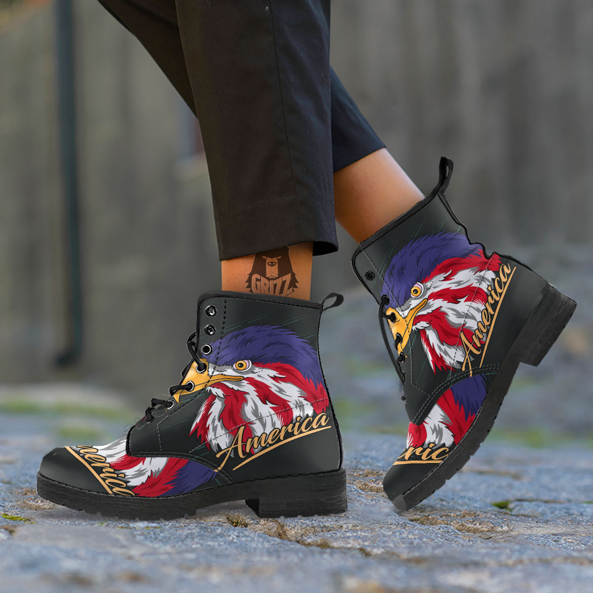 USA Eagle Patriotic Print Leather Boots-grizzshop