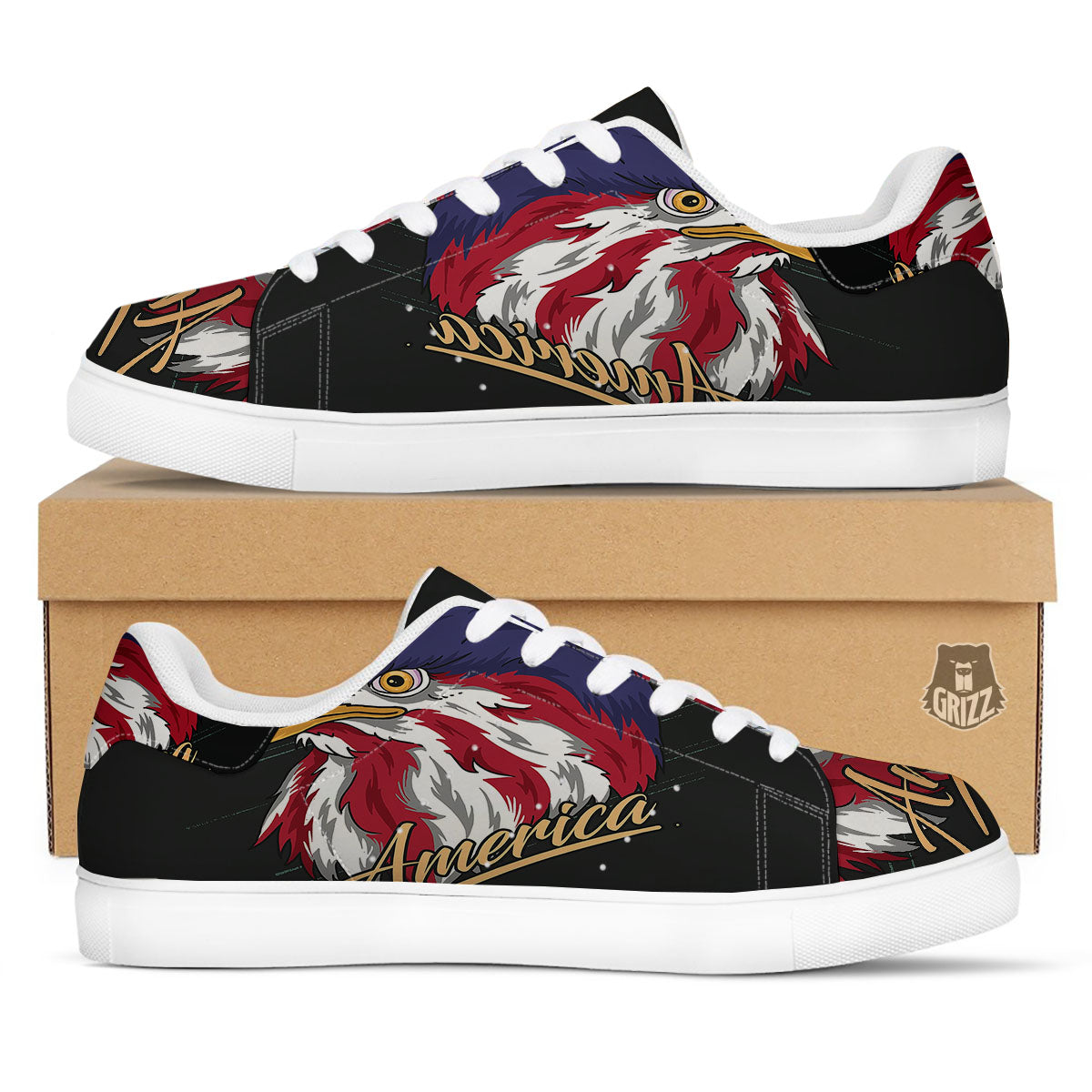 USA Eagle Patriotic Print White Low Top Sneakers-grizzshop