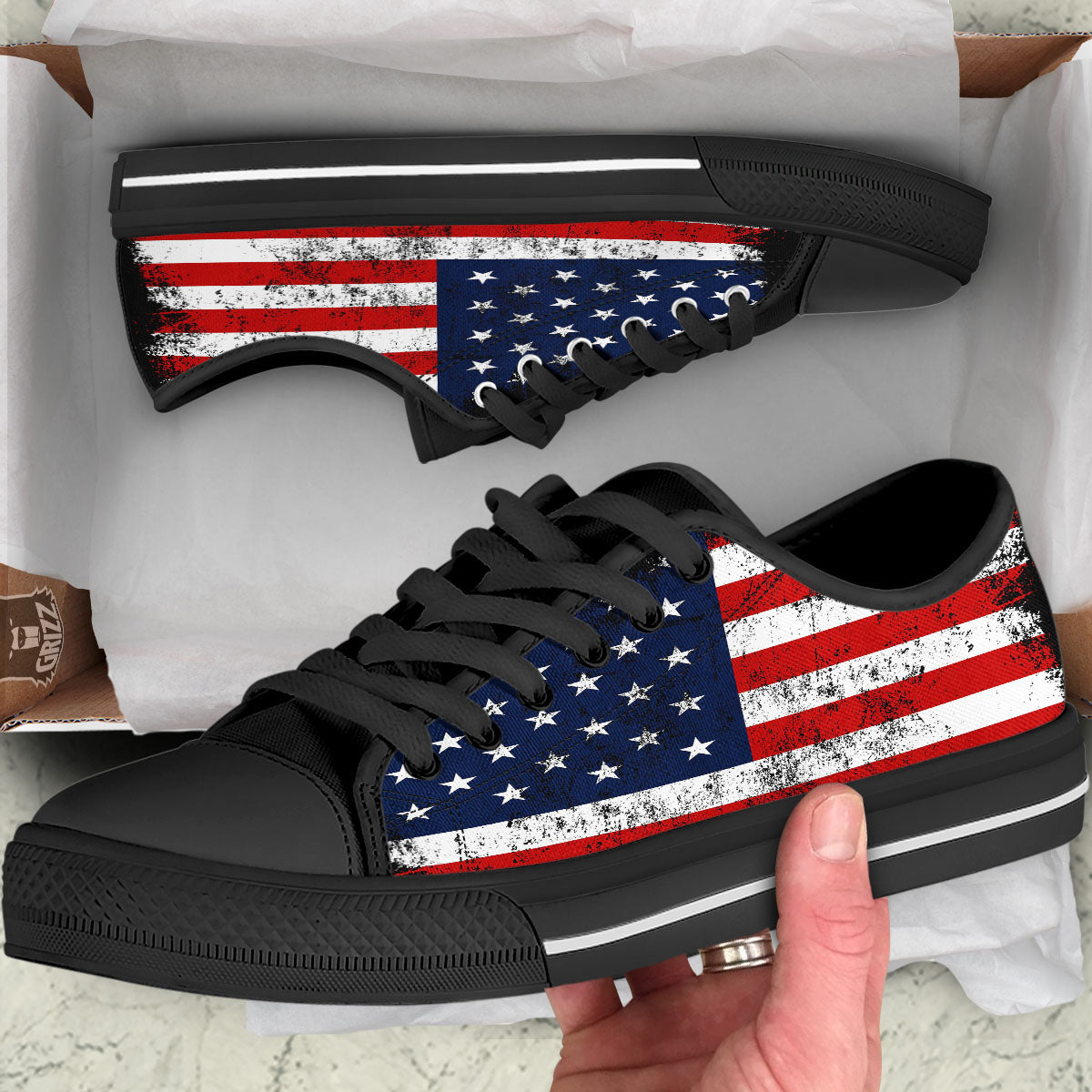 USA Flag Grunge Print Black Low Top Shoes-grizzshop