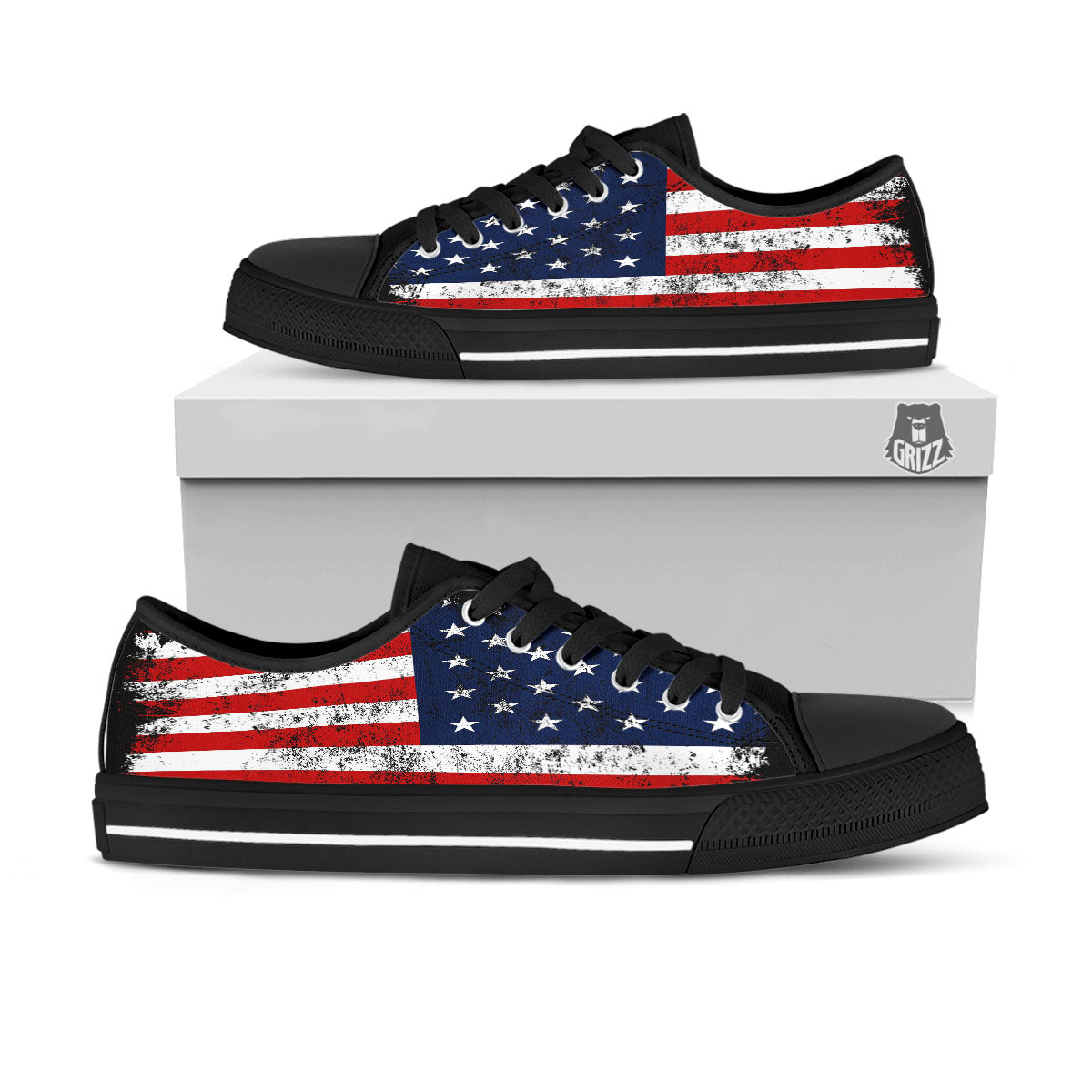 USA Flag Grunge Print Black Low Top Shoes-grizzshop