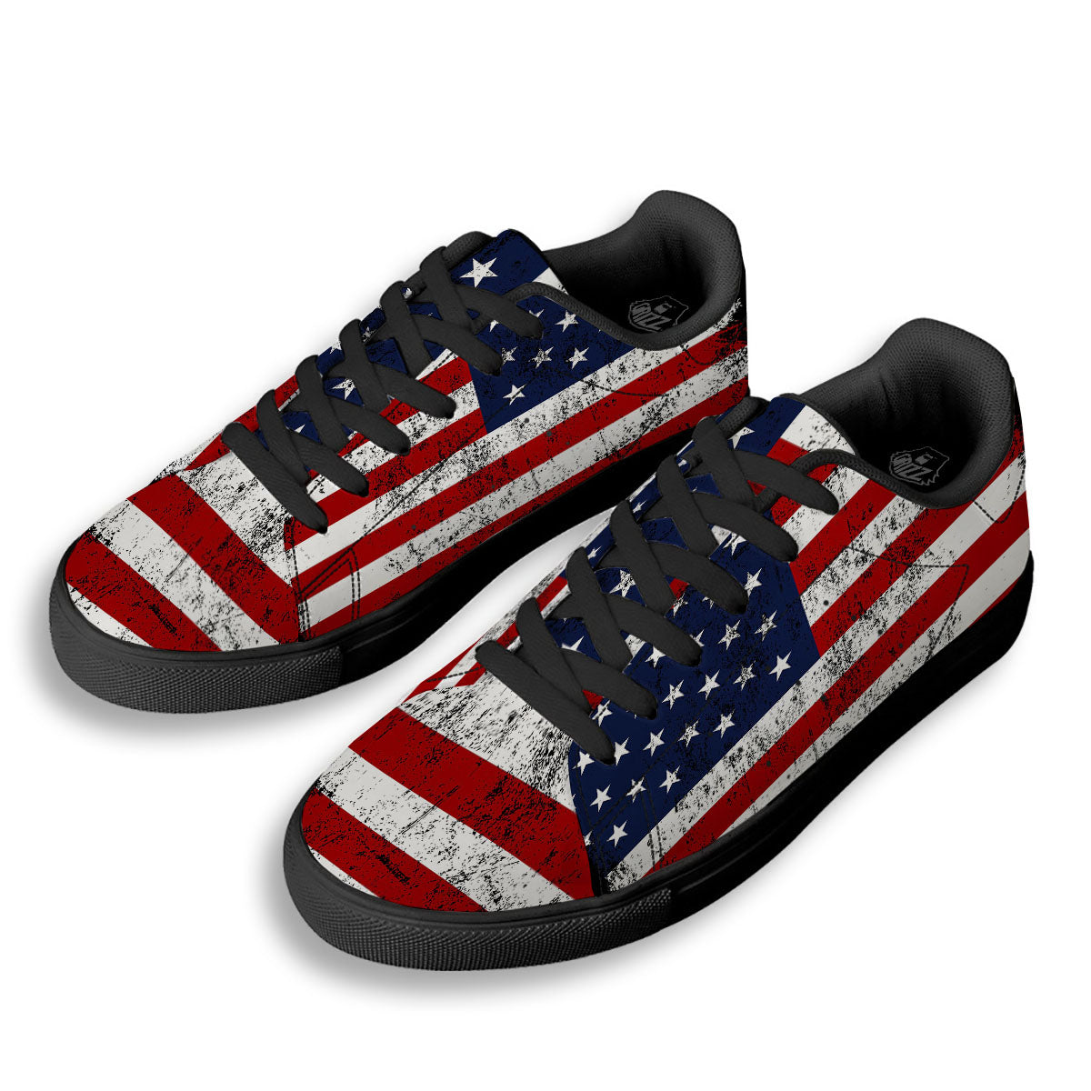 USA Flag Grunge Print Black Low Top Sneakers-grizzshop