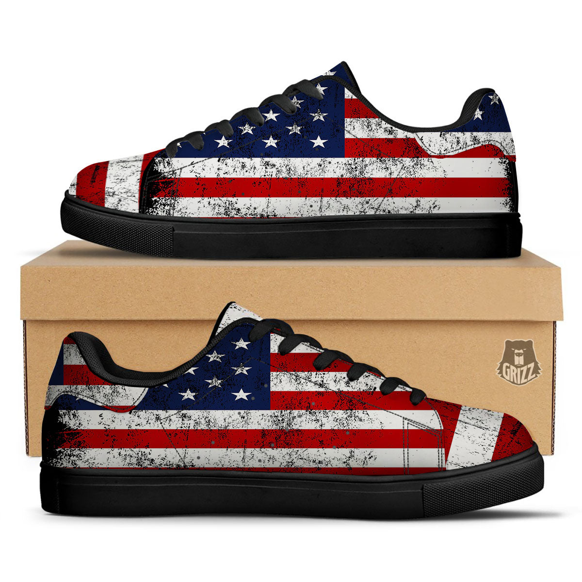 USA Flag Grunge Print Black Low Top Sneakers-grizzshop