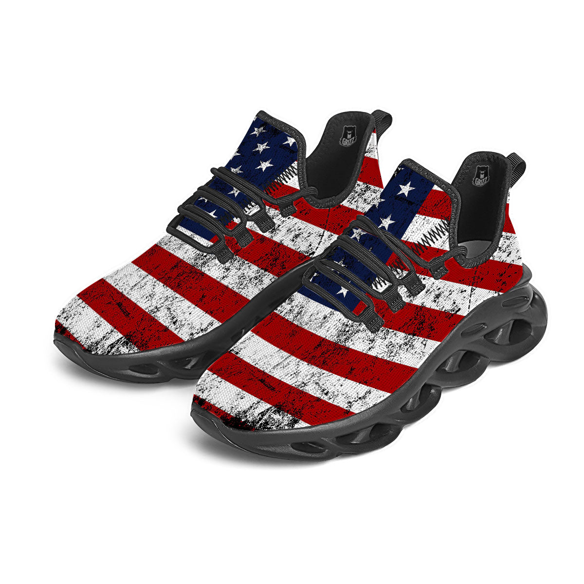 USA Flag Grunge Print Black Running Shoes-grizzshop