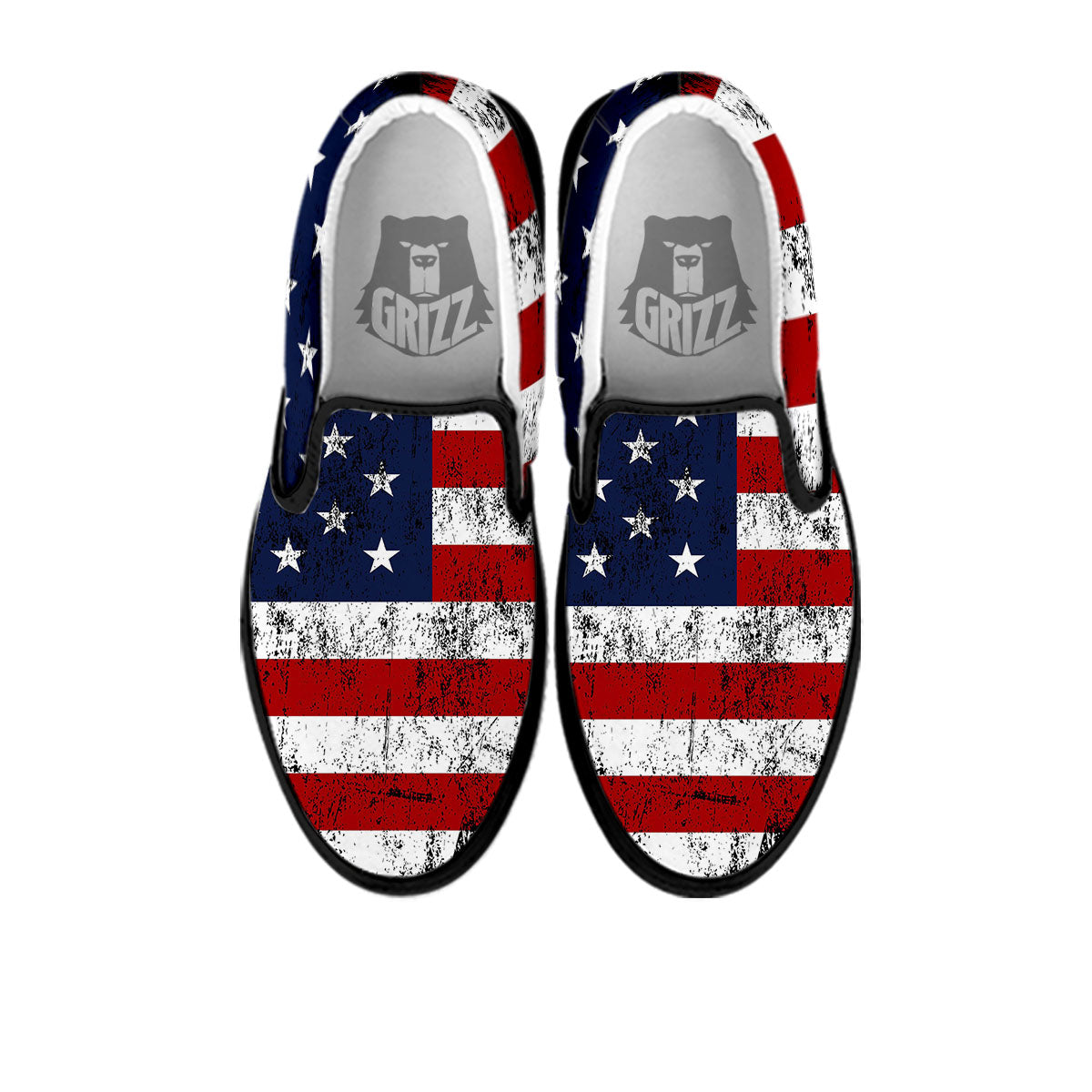 USA Flag Grunge Print Black Slip On Shoes-grizzshop