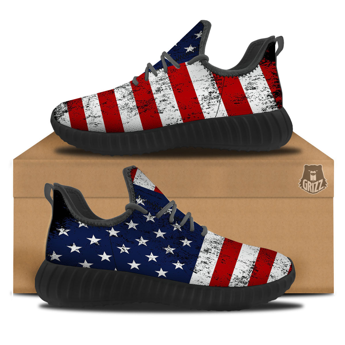 USA Flag Grunge Print Black Walking Shoes-grizzshop