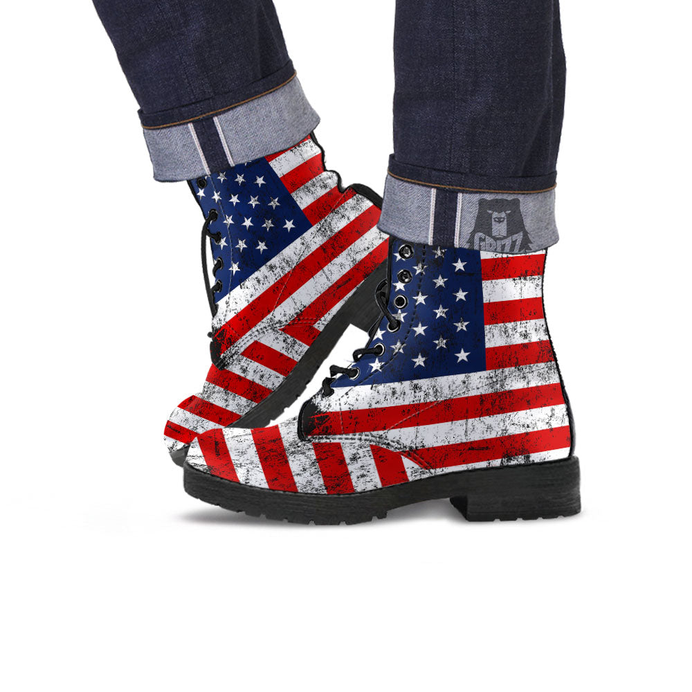 USA Flag Grunge Print Leather Boots-grizzshop