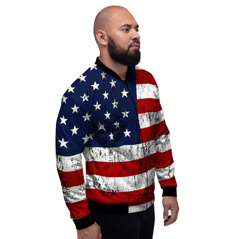 USA Flag Grunge Print Men's Bomber Jacket-grizzshop