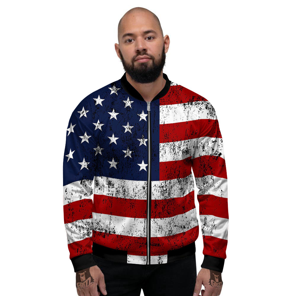 USA Flag Grunge Print Men's Bomber Jacket-grizzshop