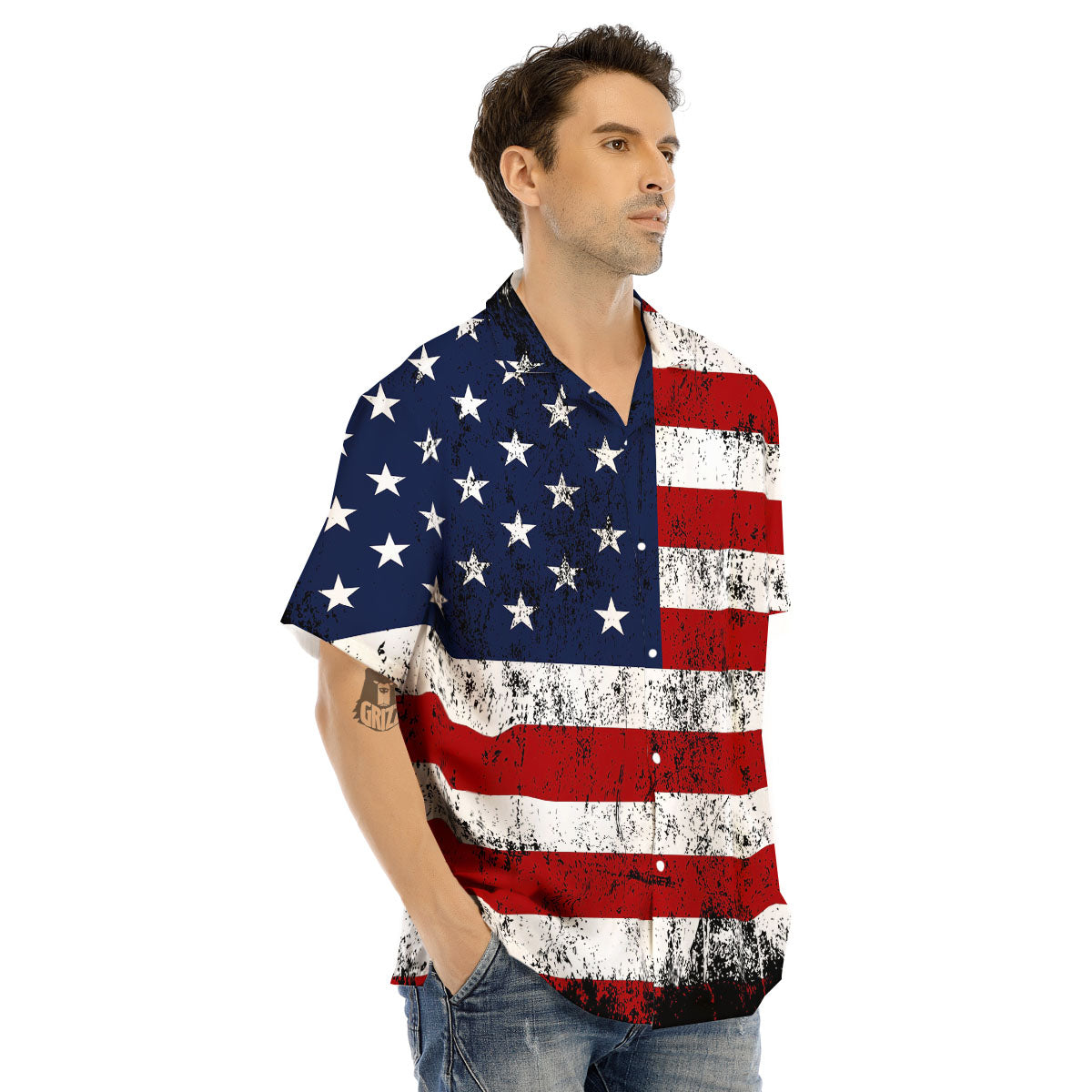 USA Flag Grunge Print Men's Hawaiian Shirt-grizzshop