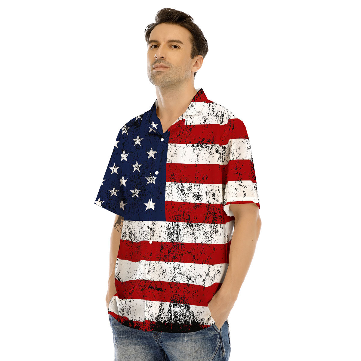 USA Flag Grunge Print Men's Hawaiian Shirt-grizzshop