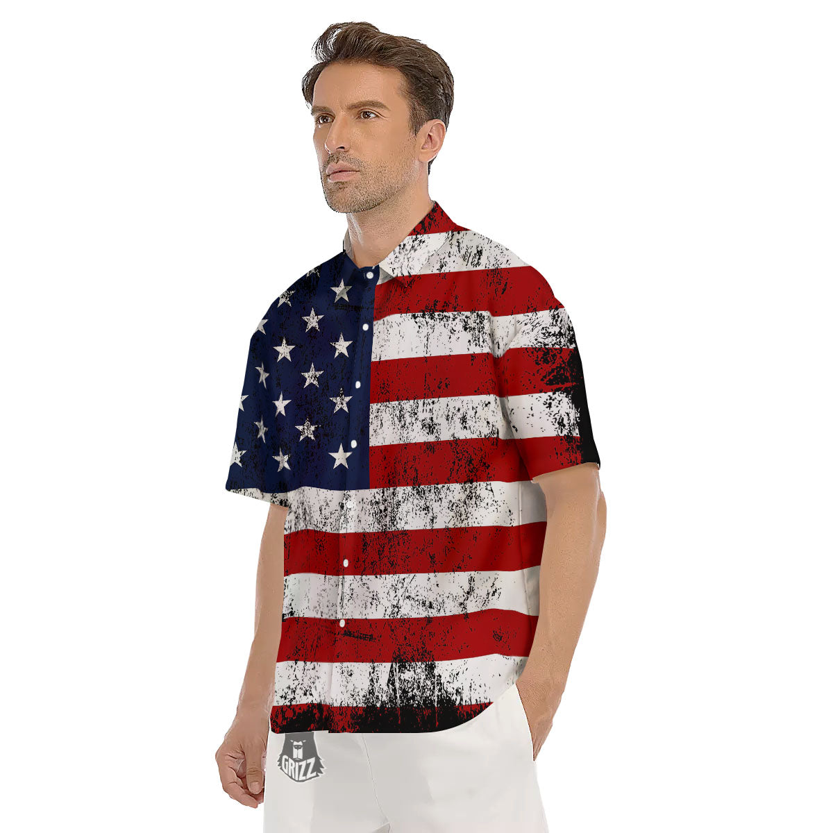 USA Flag Grunge Print Men's Short Sleeve Shirts-grizzshop