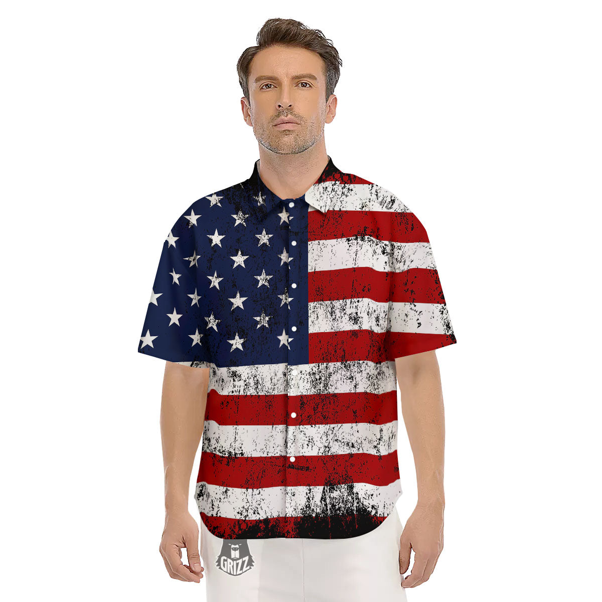 USA Flag Grunge Print Men's Short Sleeve Shirts-grizzshop