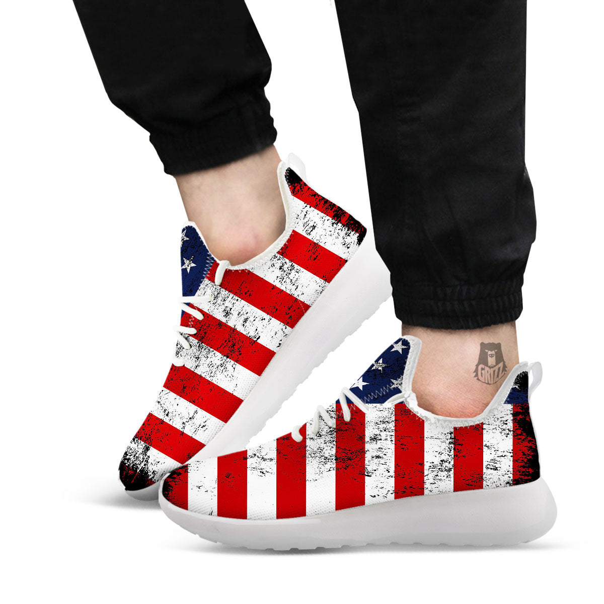 USA Flag Grunge Print White Athletic Shoes-grizzshop