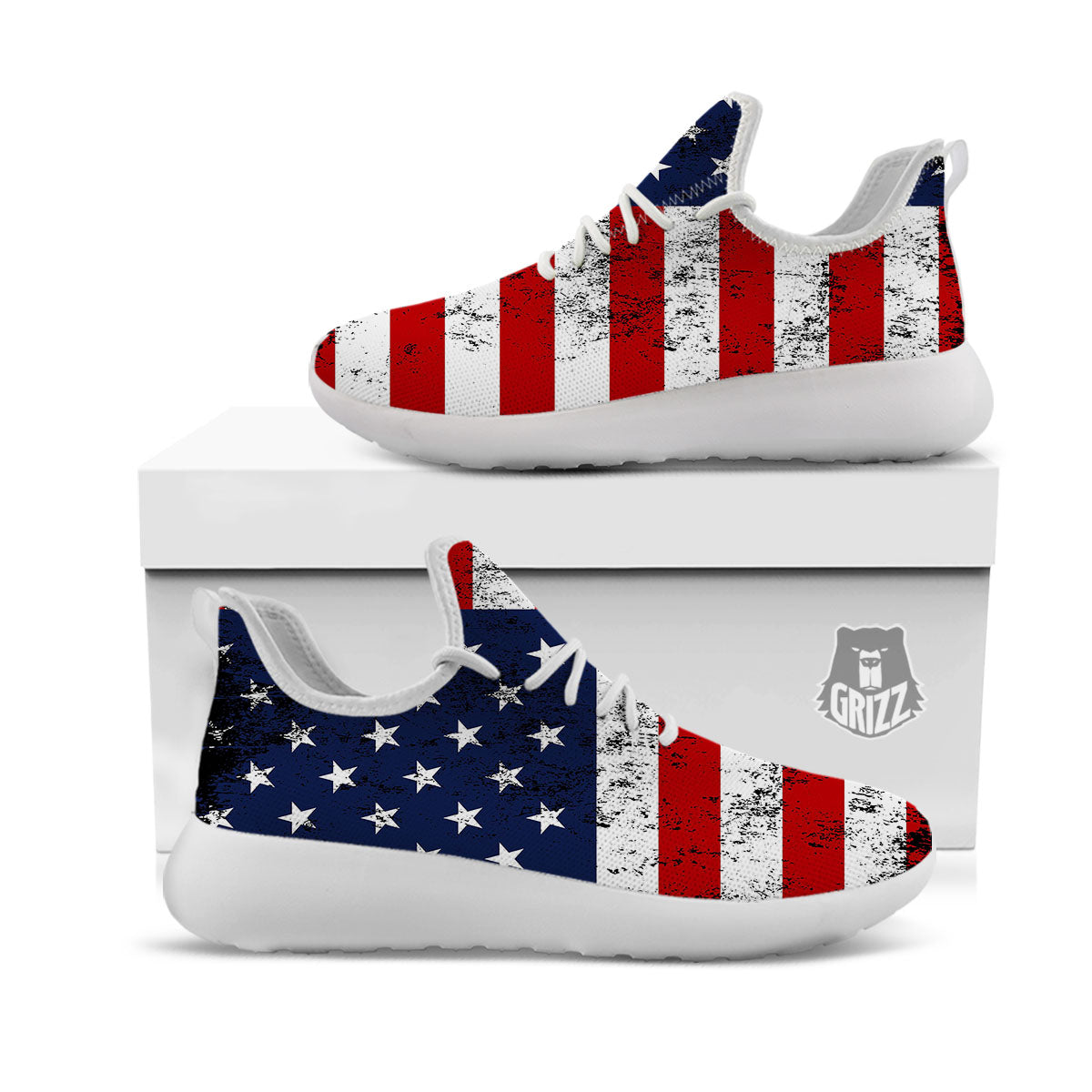 USA Flag Grunge Print White Athletic Shoes-grizzshop