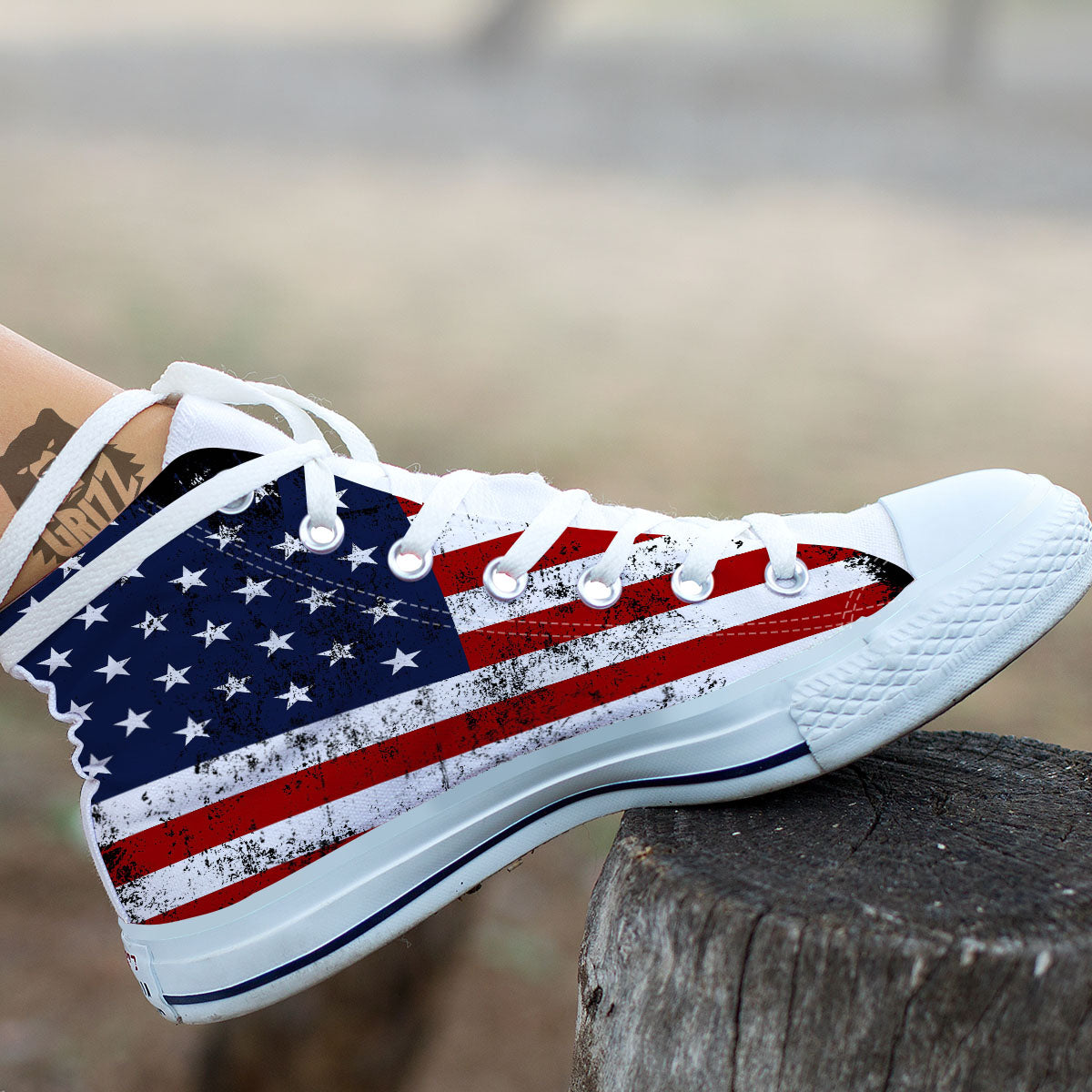 USA Flag Grunge Print White High Top Shoes-grizzshop