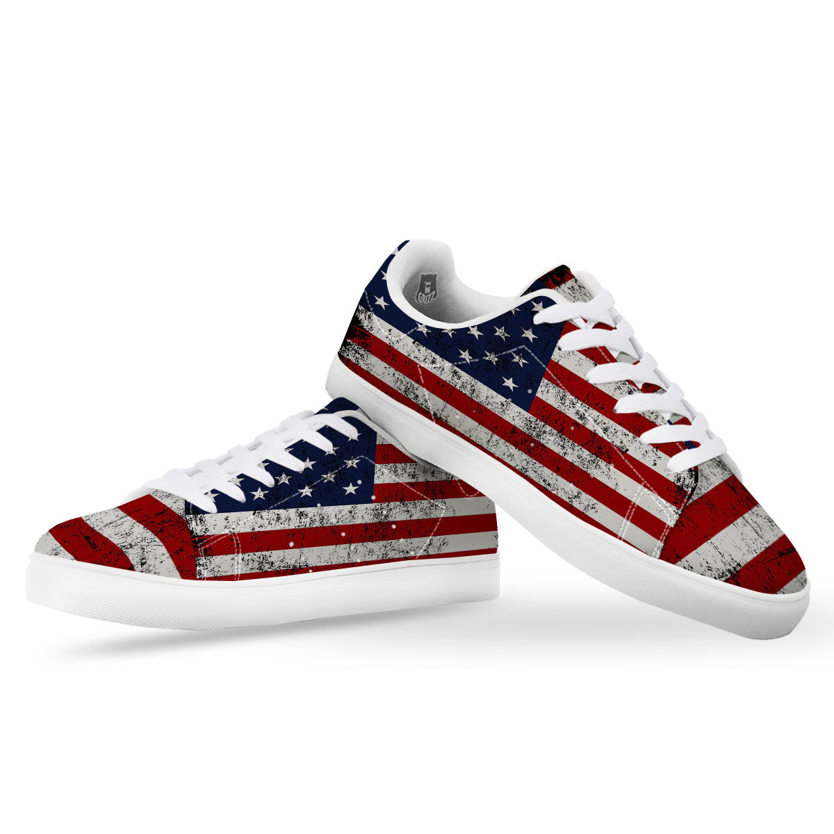 USA Flag Grunge Print White Low Top Sneakers-grizzshop