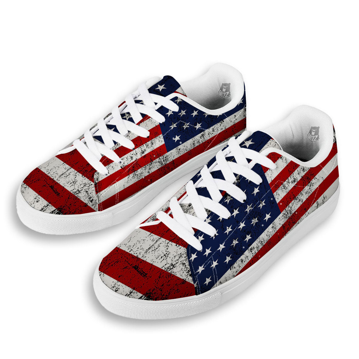 USA Flag Grunge Print White Low Top Sneakers-grizzshop