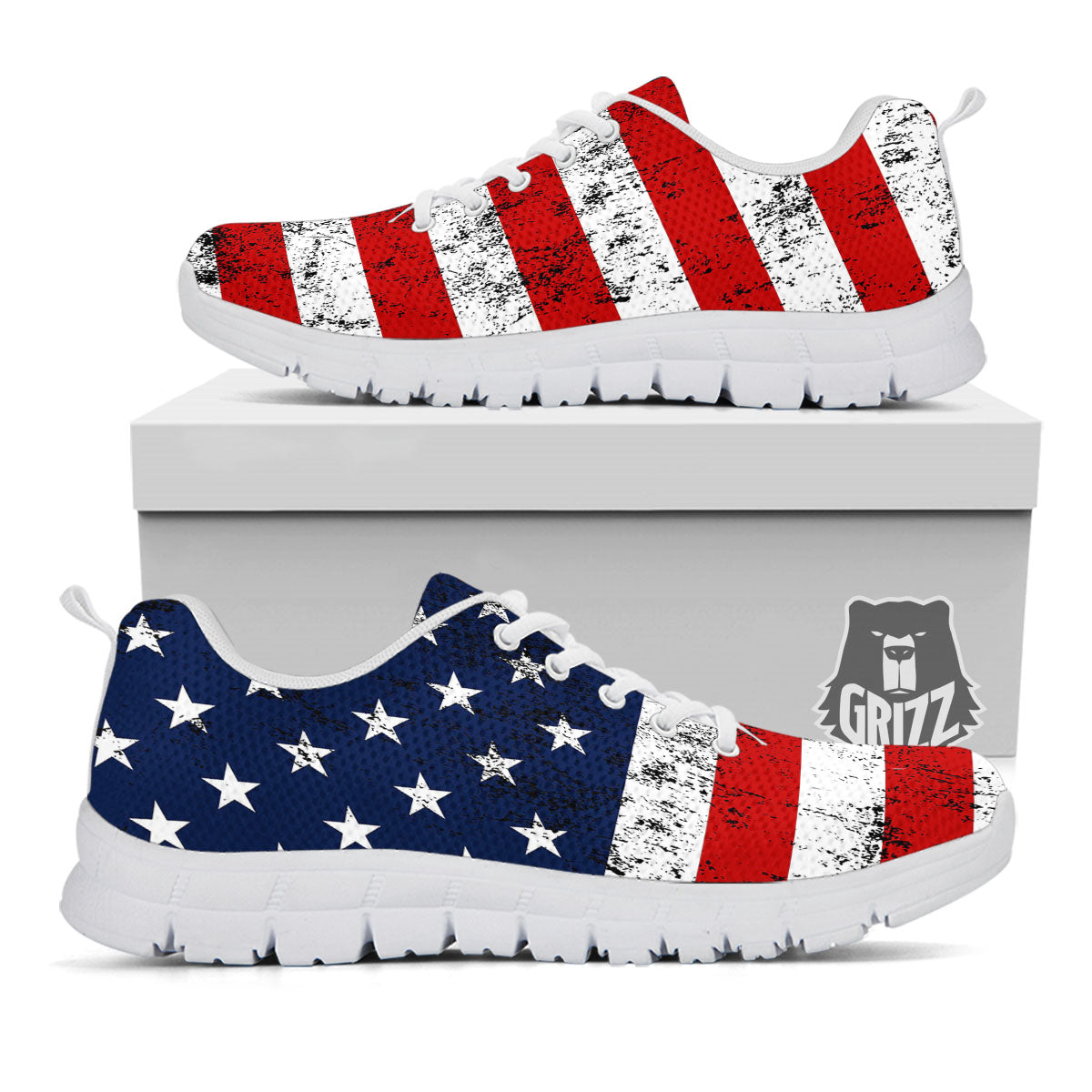 USA Flag Grunge Print White Sneaker-grizzshop