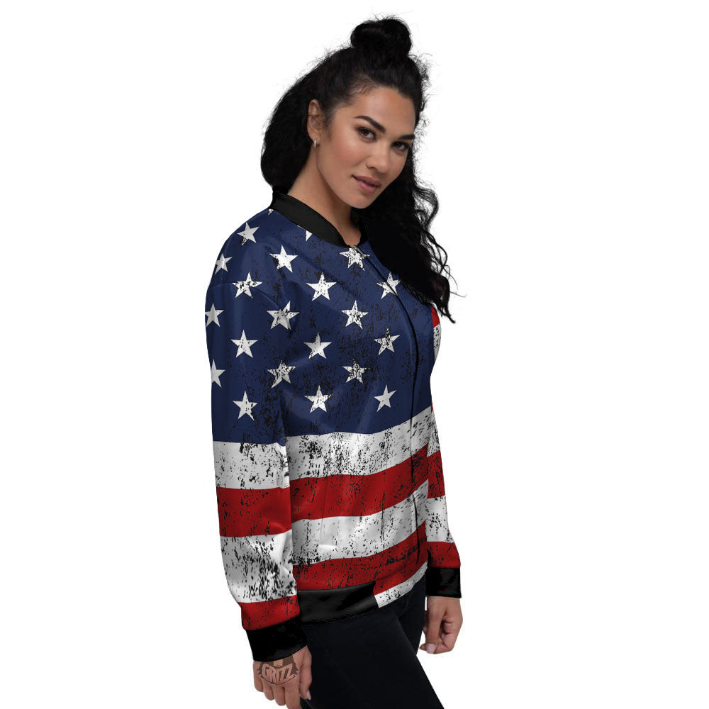 USA Flag Grunge Print Women's Bomber Jacket-grizzshop