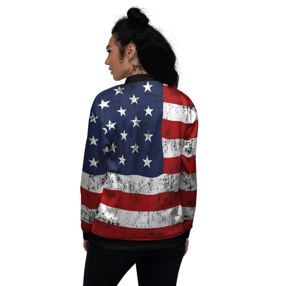 USA Flag Grunge Print Women's Bomber Jacket-grizzshop