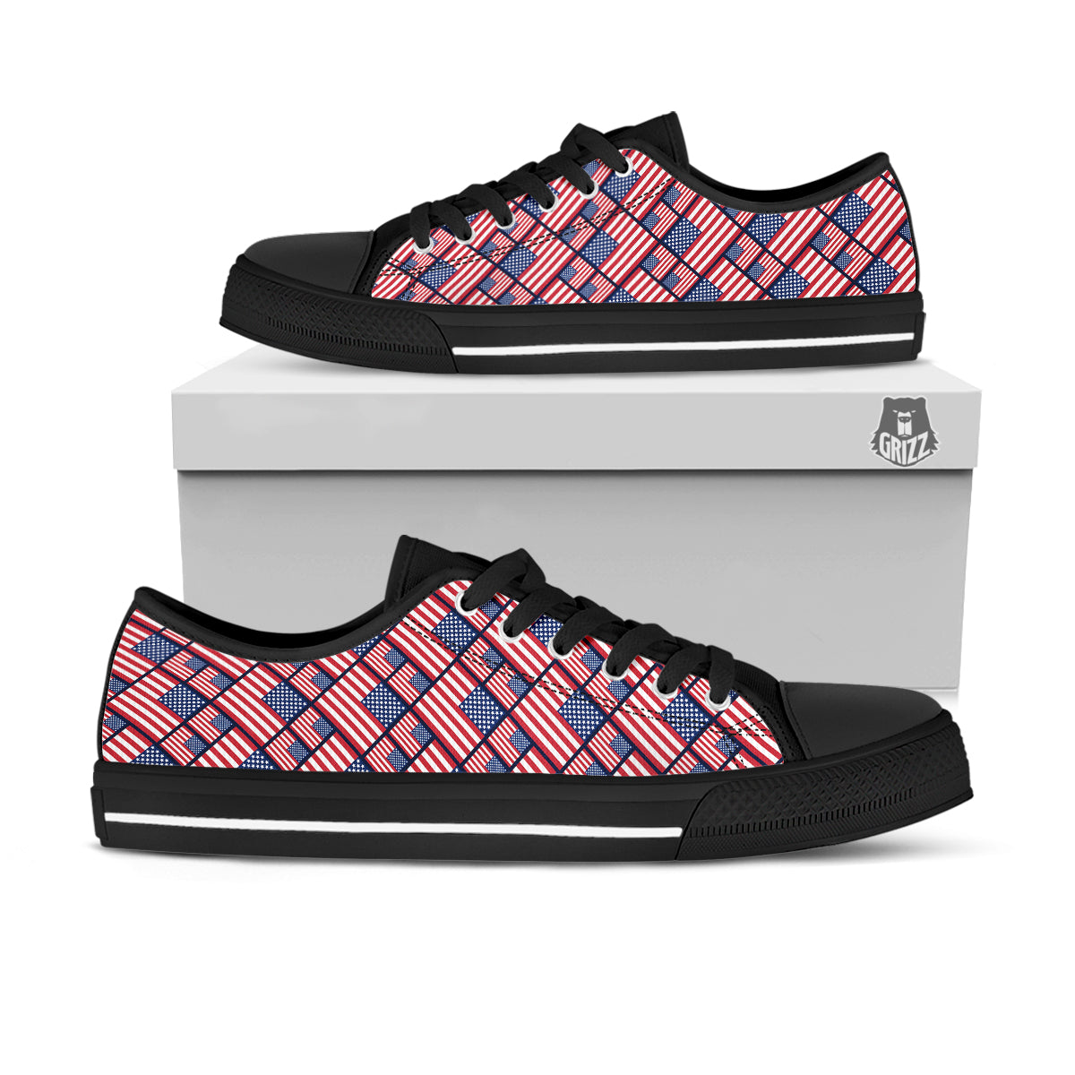 USA Flag Independence Day Print Pattern Black Low Top Shoes-grizzshop