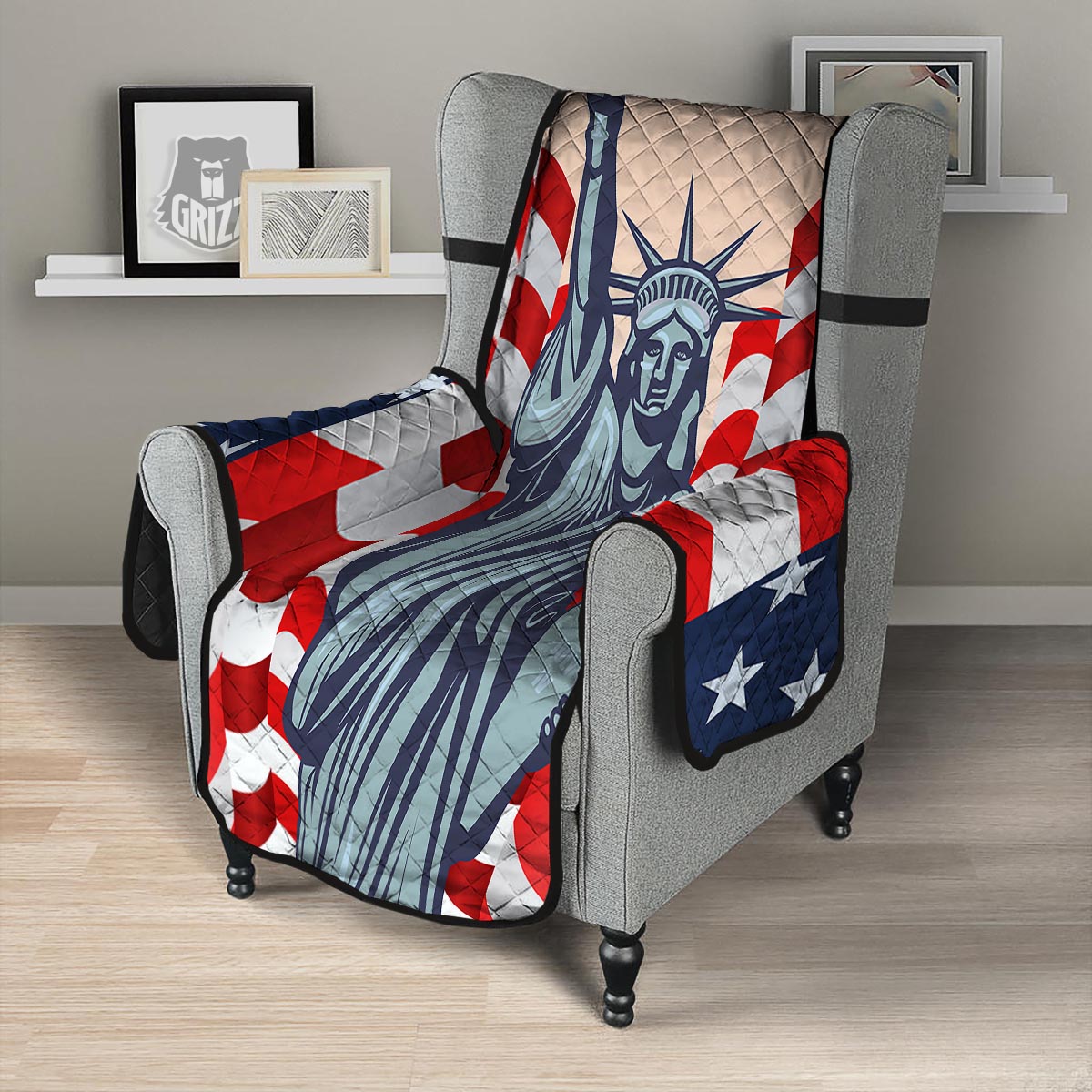 USA Flag Statue of Liberty Print Armchair Protector-grizzshop