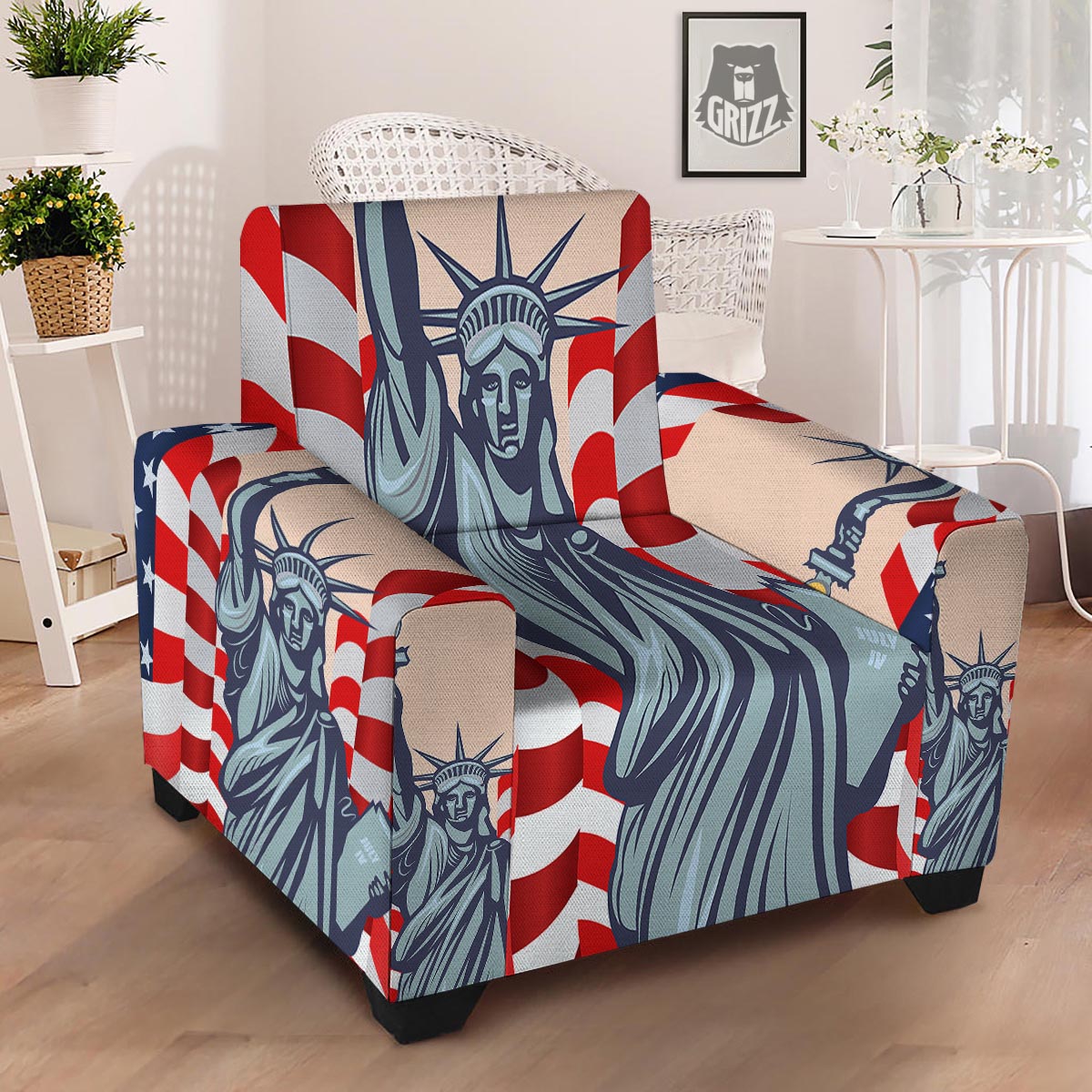 USA Flag Statue of Liberty Print Armchair Slipcover-grizzshop